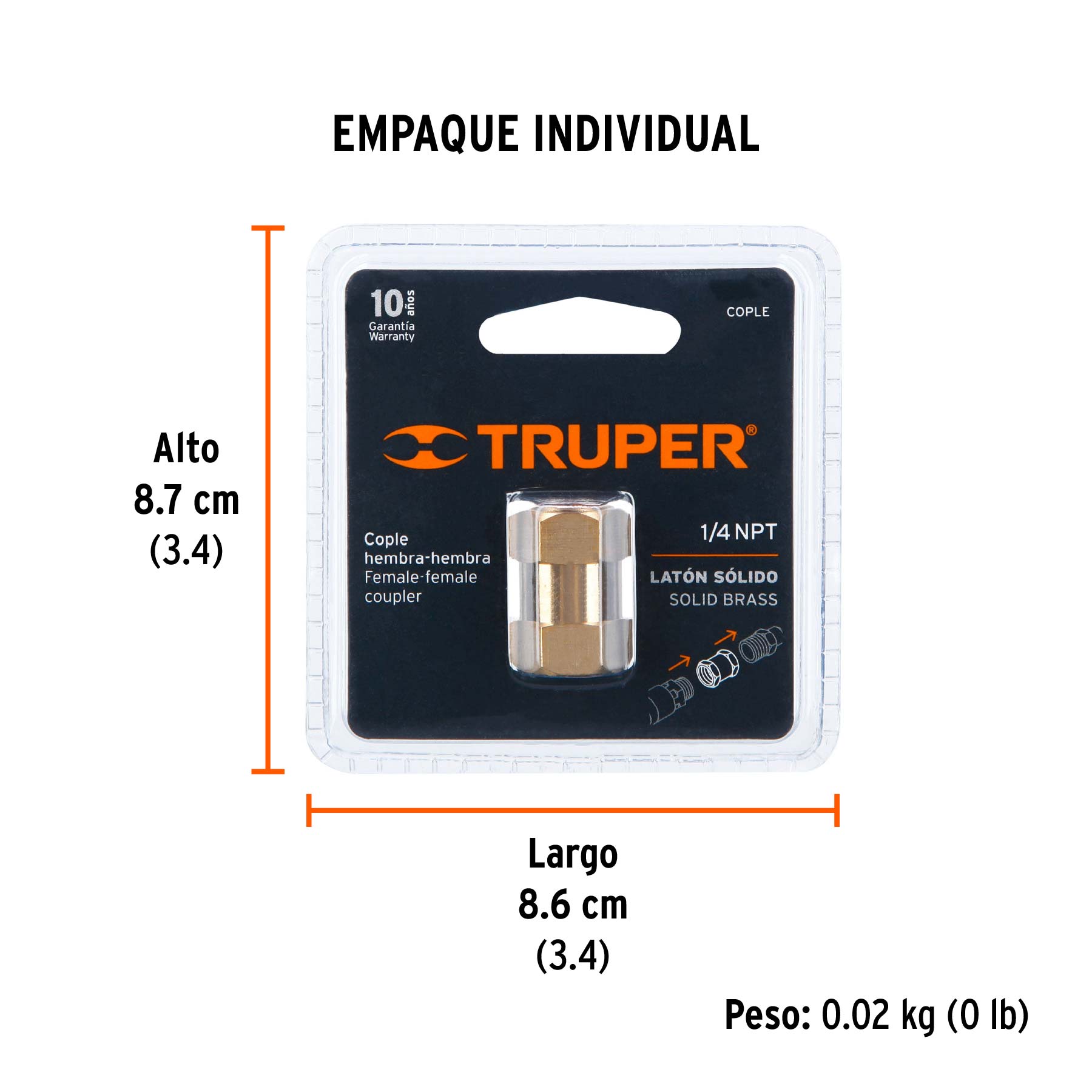 Cople de latón, hembra-hembra, cuerda 1/4" NPT, TRUPER - Empaque