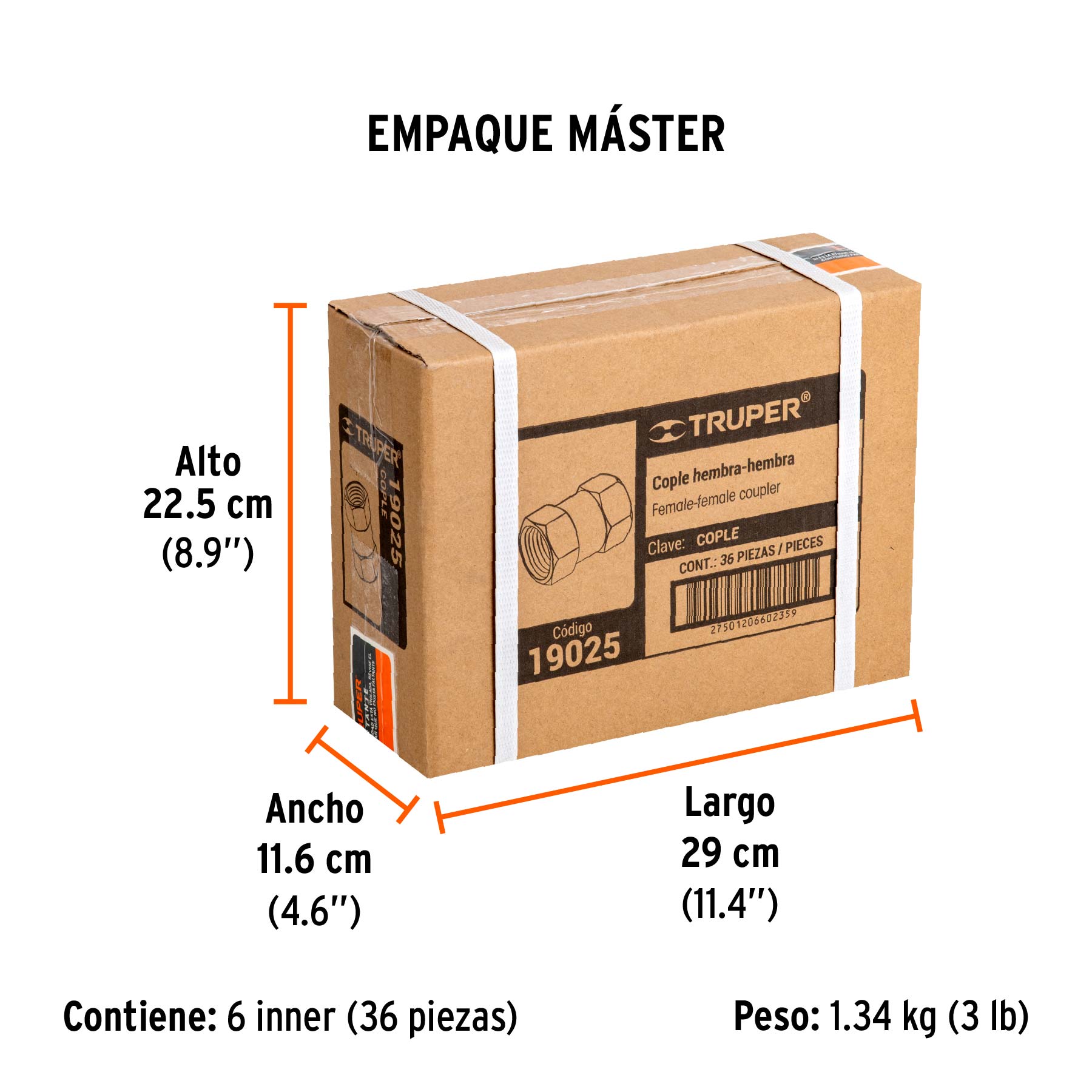Cople de latón, hembra-hembra, cuerda 1/4" NPT, TRUPER - Empaque