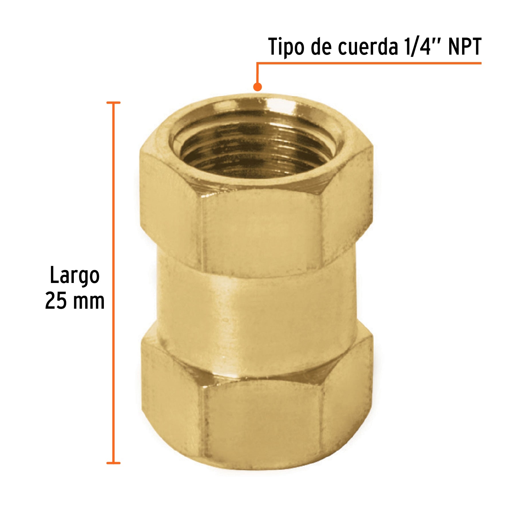 Cople de latón, hembra-hembra, cuerda 1/4" NPT, TRUPER