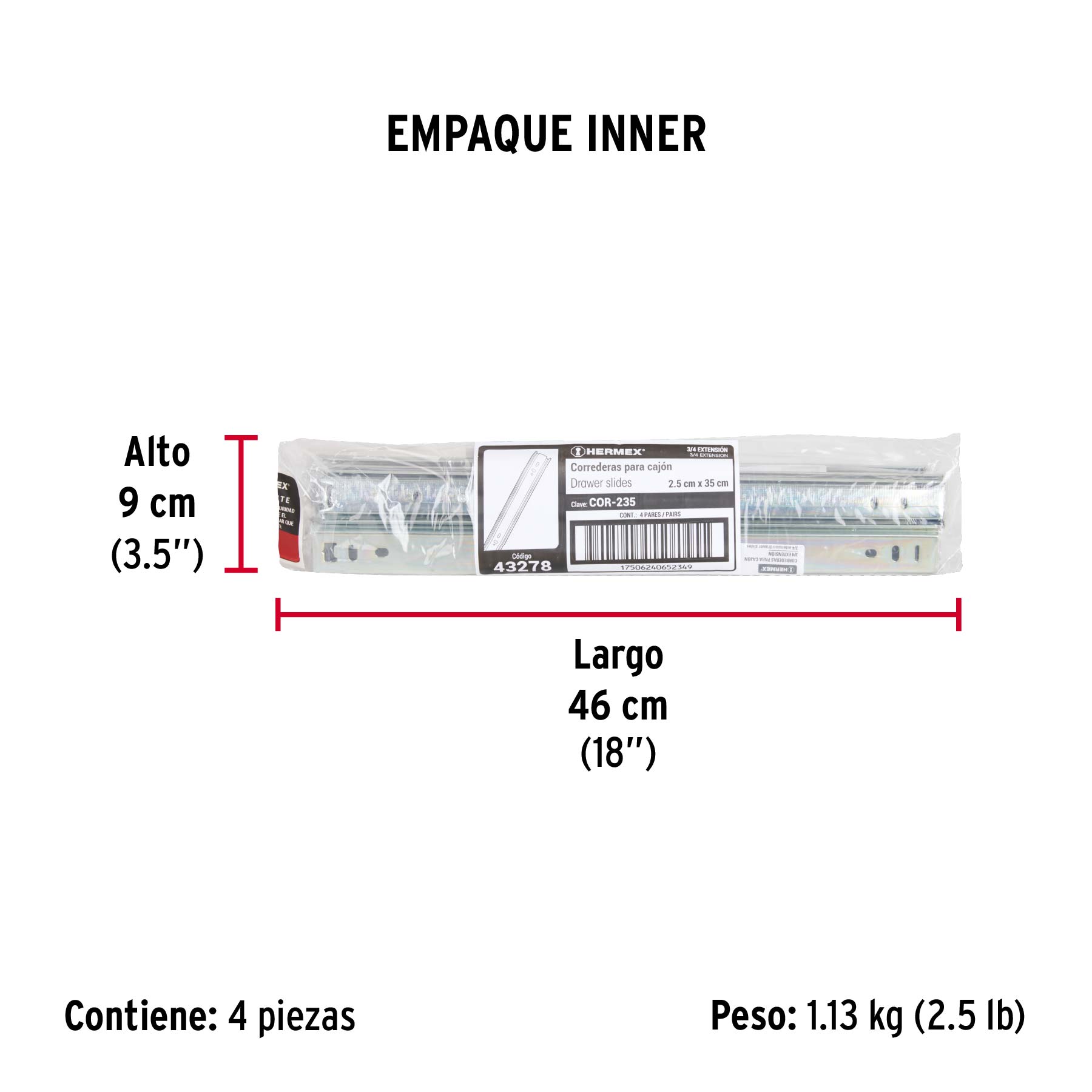 Bolsa con 2 correderas extensión 35 cm p/cajón, ancho 2.5 cm - Empaque