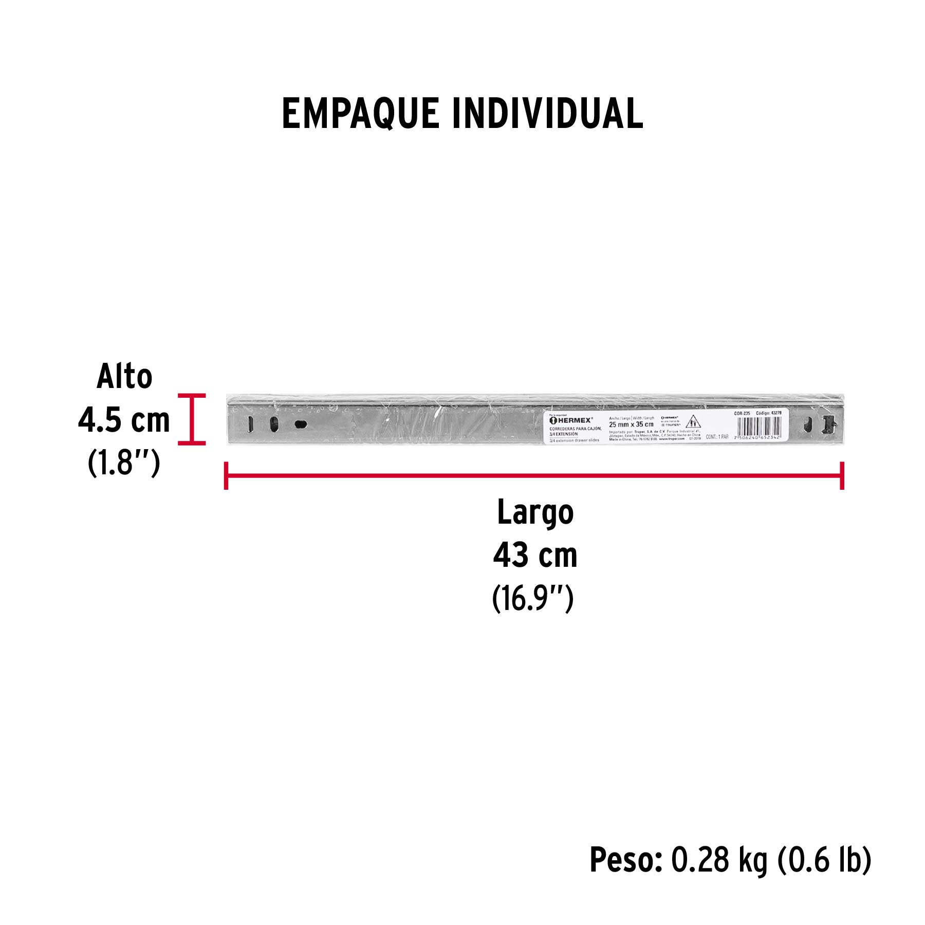 Bolsa con 2 correderas extensión 35 cm p/cajón, ancho 2.5 cm - Empaque