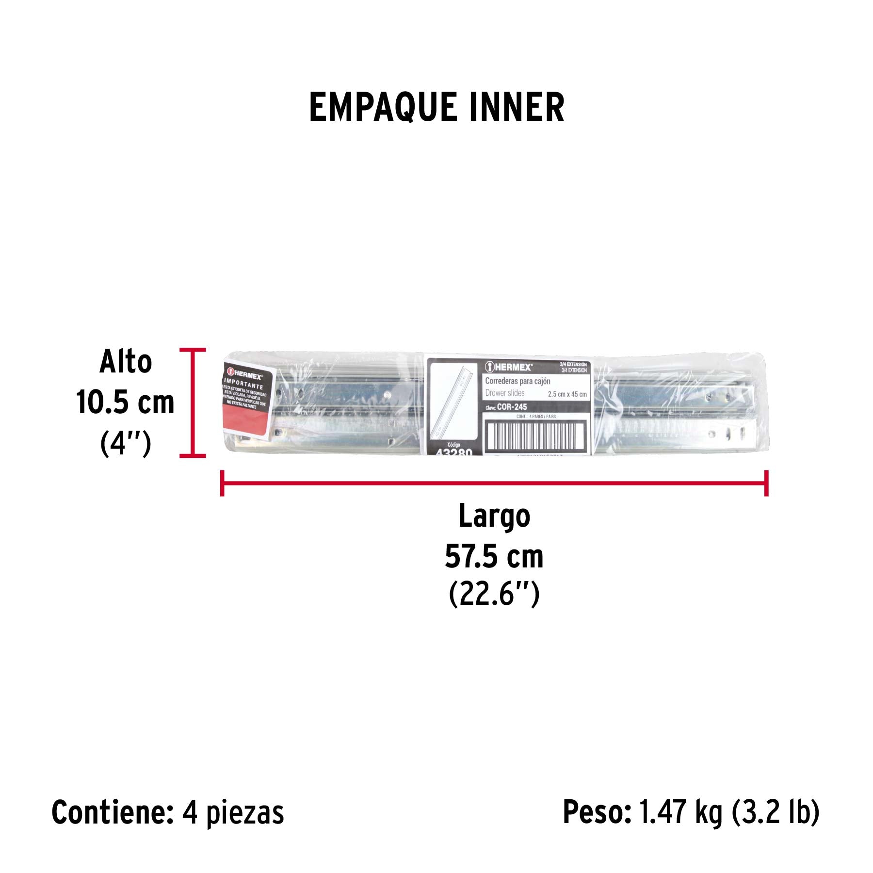 Bolsa con 2 correderas extensión 45 cm p/cajón, ancho 2.5 cm - Empaque