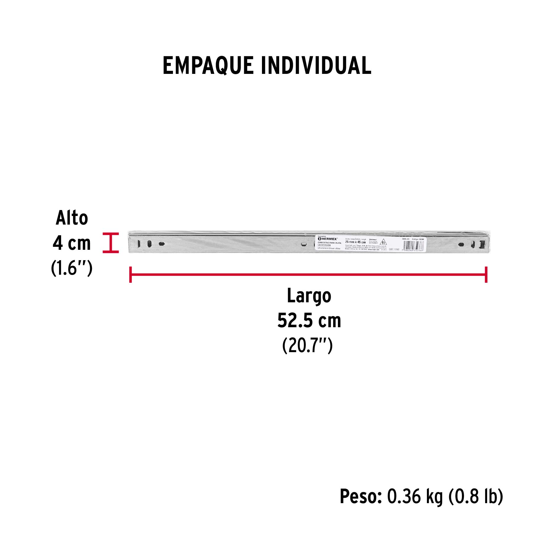 Bolsa con 2 correderas extensión 45 cm p/cajón, ancho 2.5 cm - Empaque