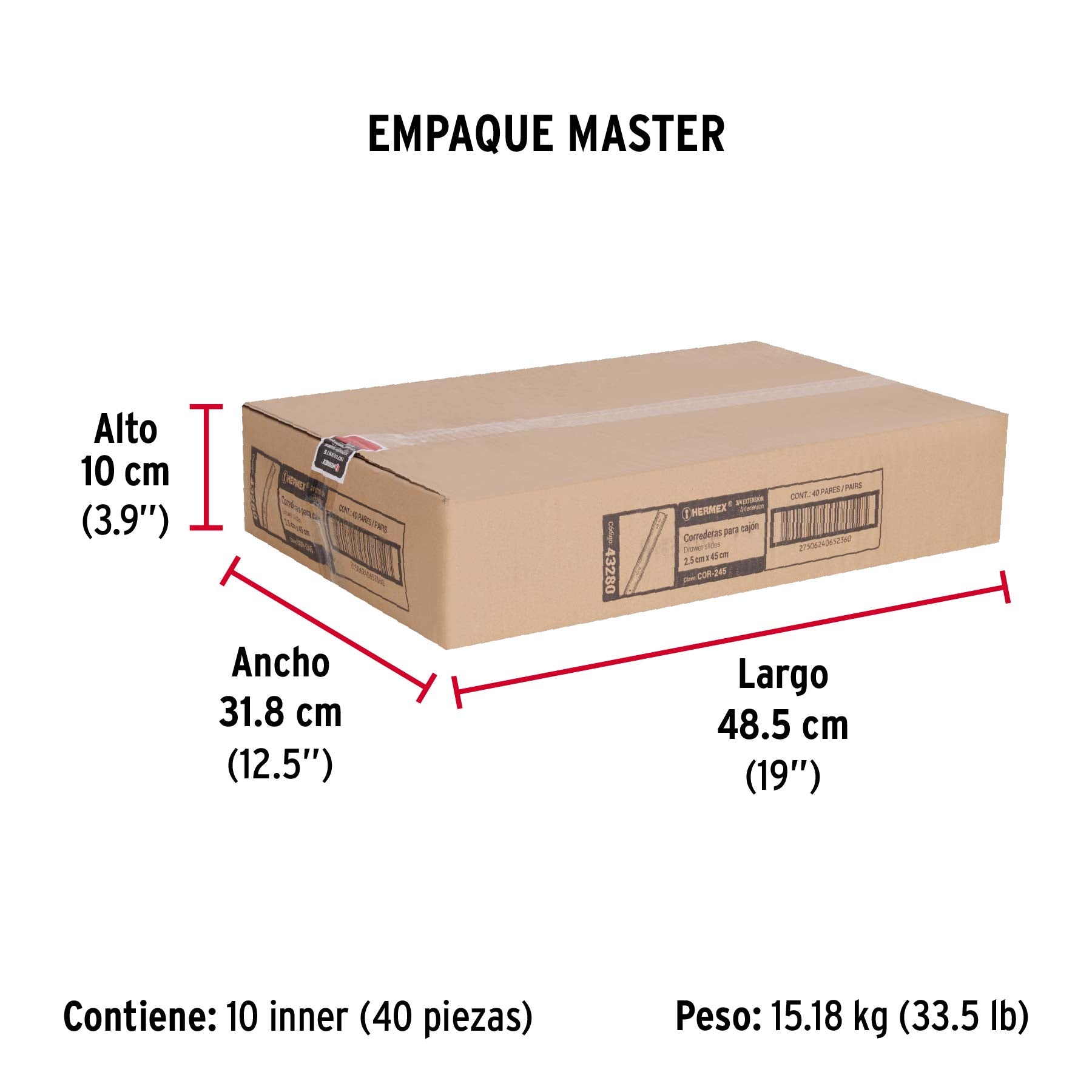Bolsa con 2 correderas extensión 45 cm p/cajón, ancho 2.5 cm - Empaque