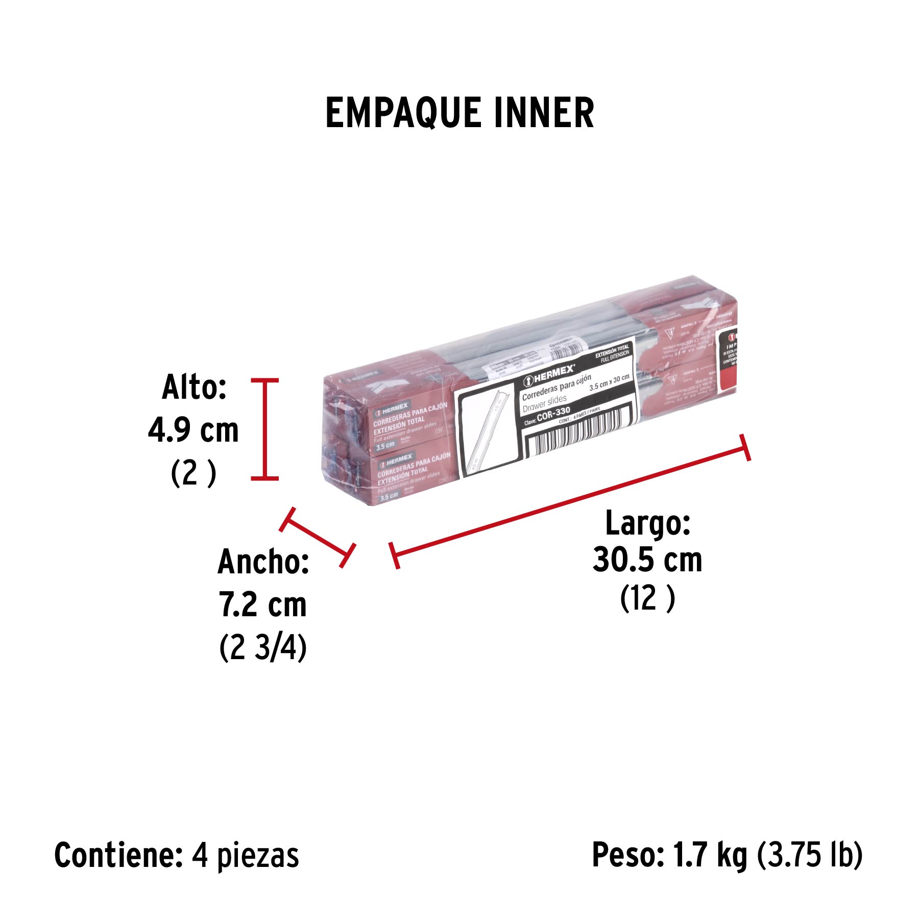 Bolsa con 2 correderas extensión 30 cm p/cajón, ancho 3.5 cm - Empaque