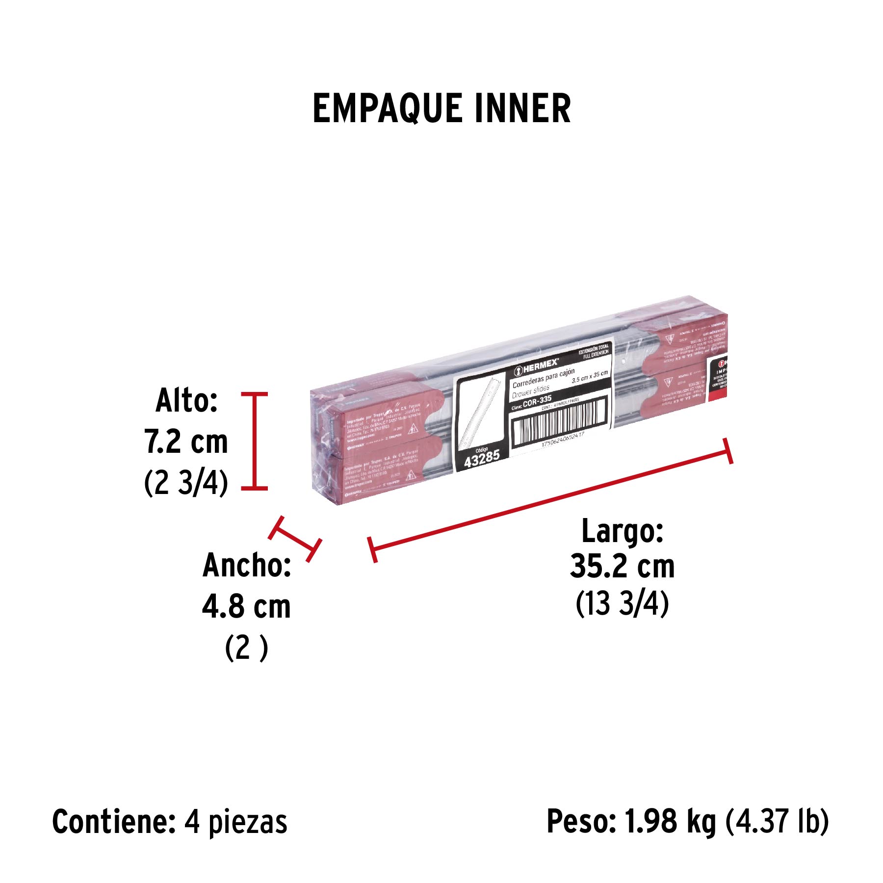 Bolsa con 2 correderas extensión 35 cm p/cajón, ancho 3.5 cm - Empaque