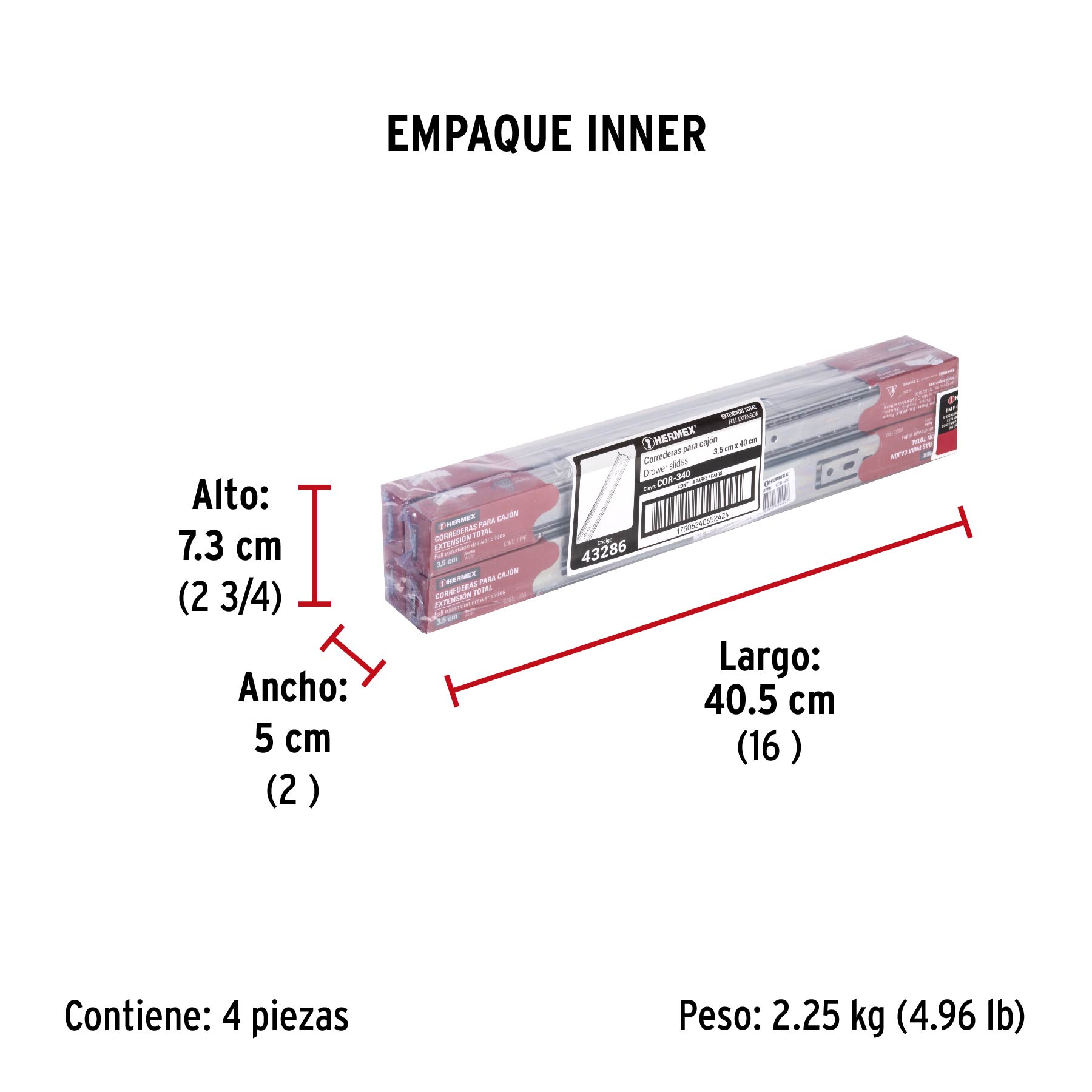 Bolsa con 2 correderas extensión 40 cm p/cajón, ancho 3.5 cm - Empaque