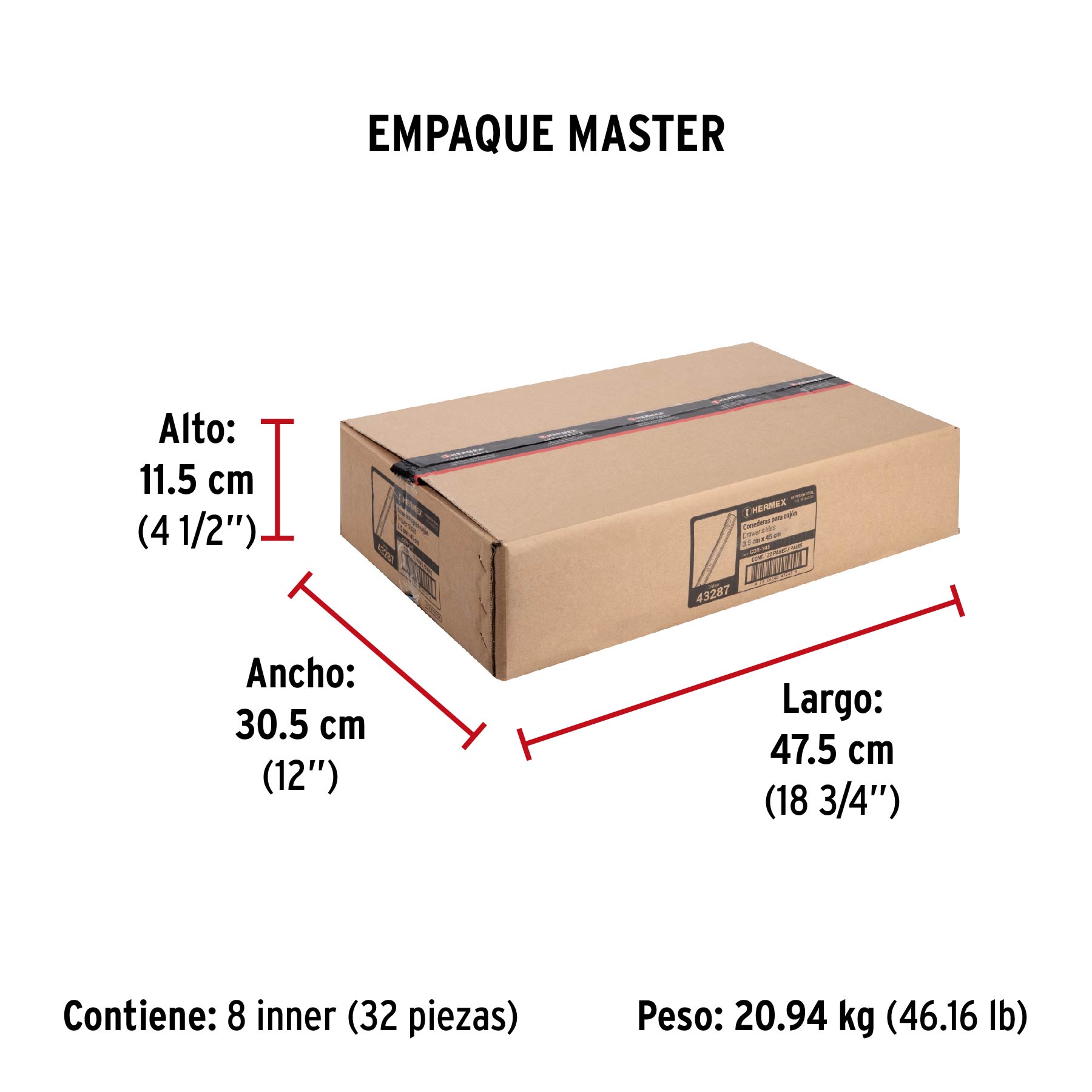 Bolsa con 2 correderas extensión 45 cm p/cajón, ancho 3.5 cm - Empaque