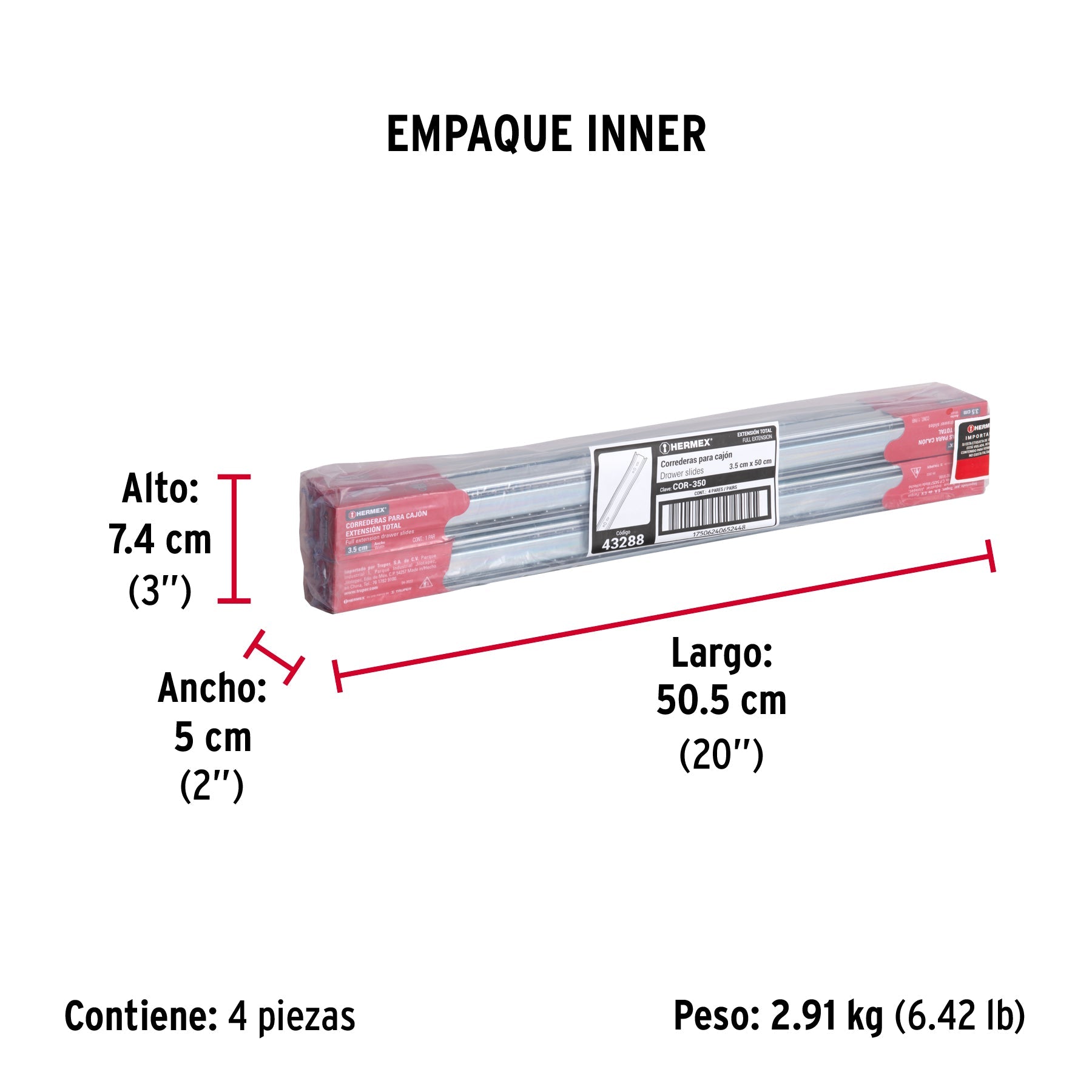 Bolsa con 2 correderas extensión 50 cm p/cajón, ancho 3.5 cm - Empaque