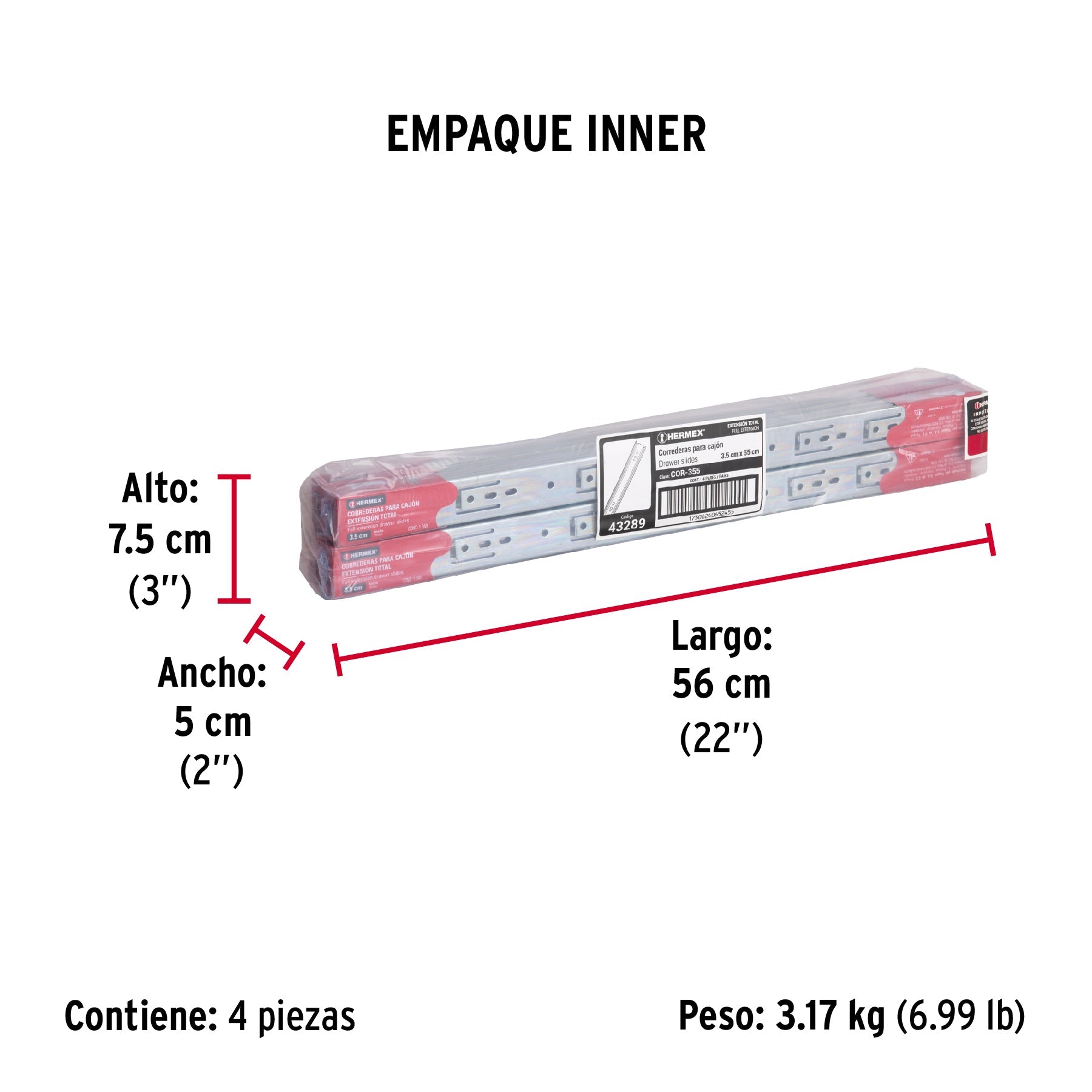 Bolsa con 2 correderas extensión 55 cm p/cajón, ancho 3.5 cm - Empaque