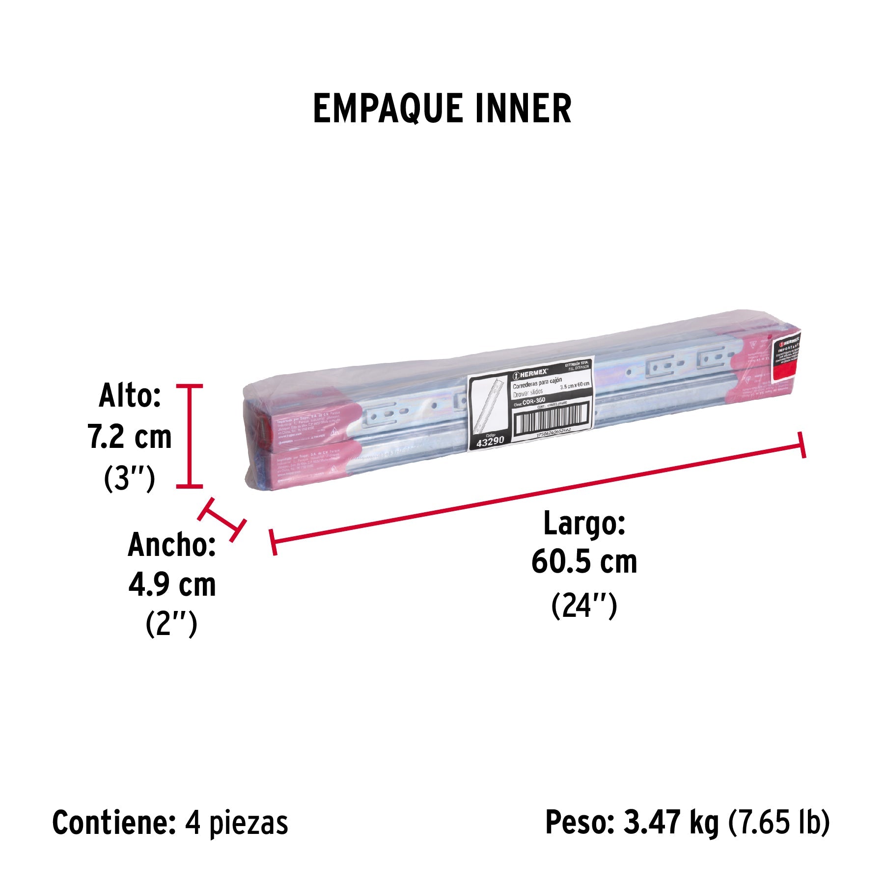 Bolsa con 2 correderas extensión 60 cm p/cajón, ancho 3.5 cm - Empaque
