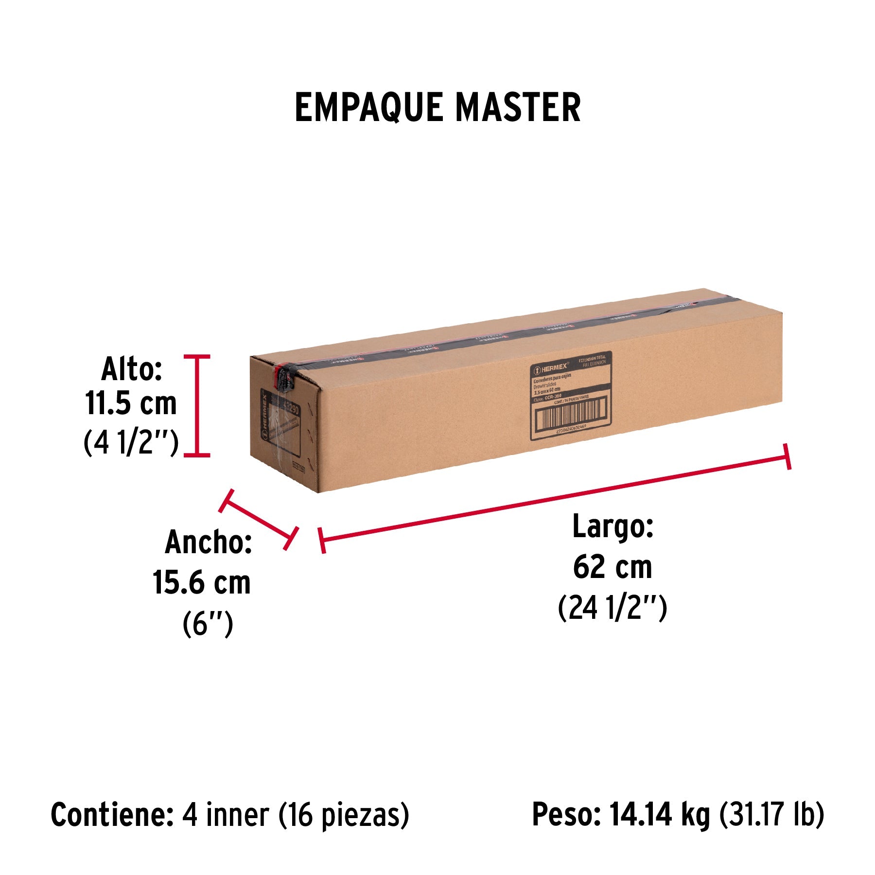 Bolsa con 2 correderas extensión 60 cm p/cajón, ancho 3.5 cm - Empaque