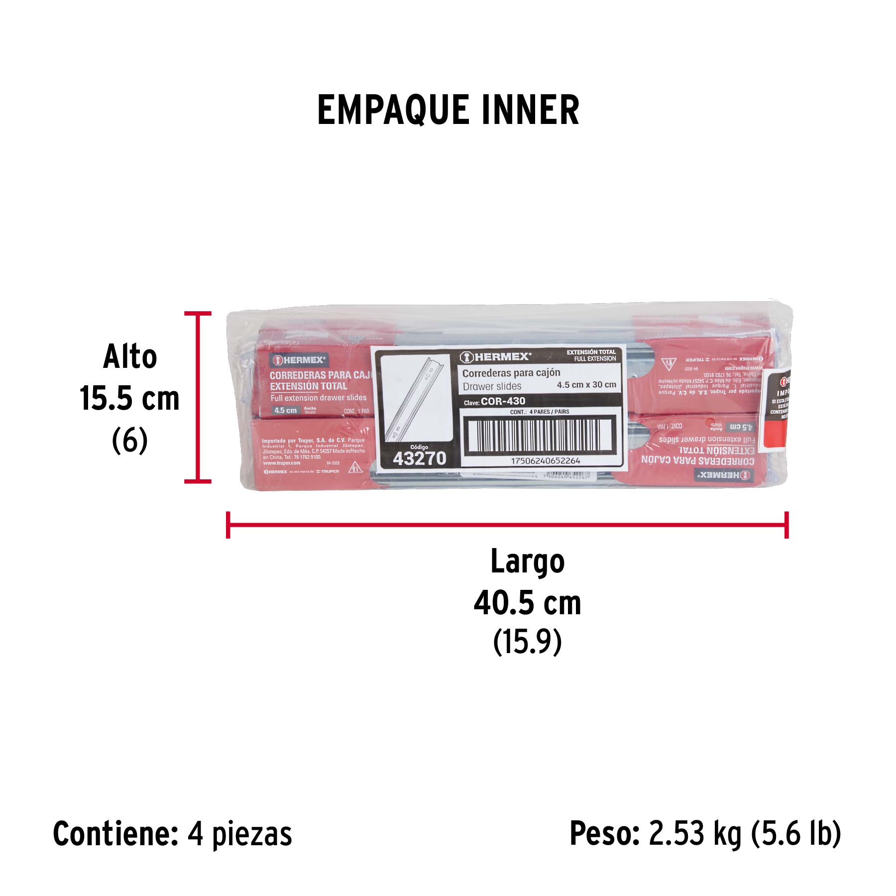 Bolsa con 2 correderas extensión 30 cm p/cajón, ancho 4.5 cm - Empaque