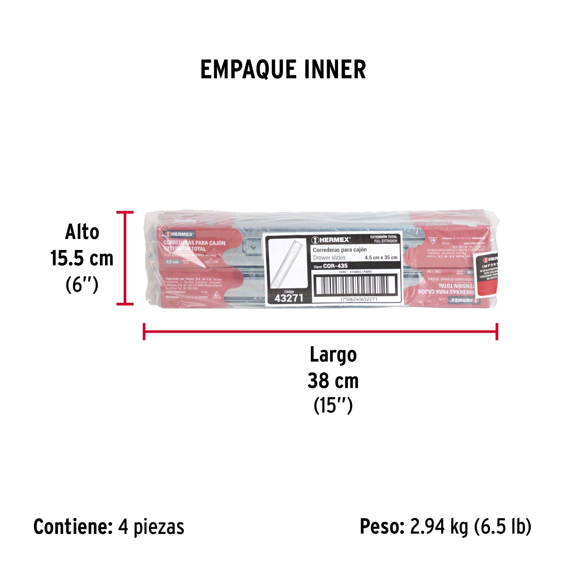 Bolsa con 2 correderas extensión 35 cm p/cajón, ancho 4.5 cm - Empaque