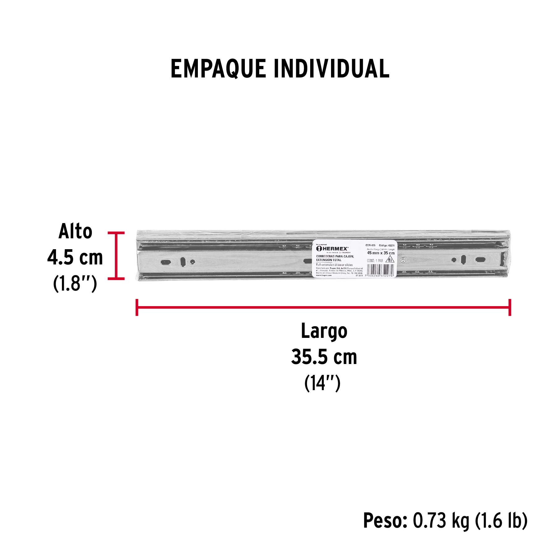 Bolsa con 2 correderas extensión 35 cm p/cajón, ancho 4.5 cm - Empaque