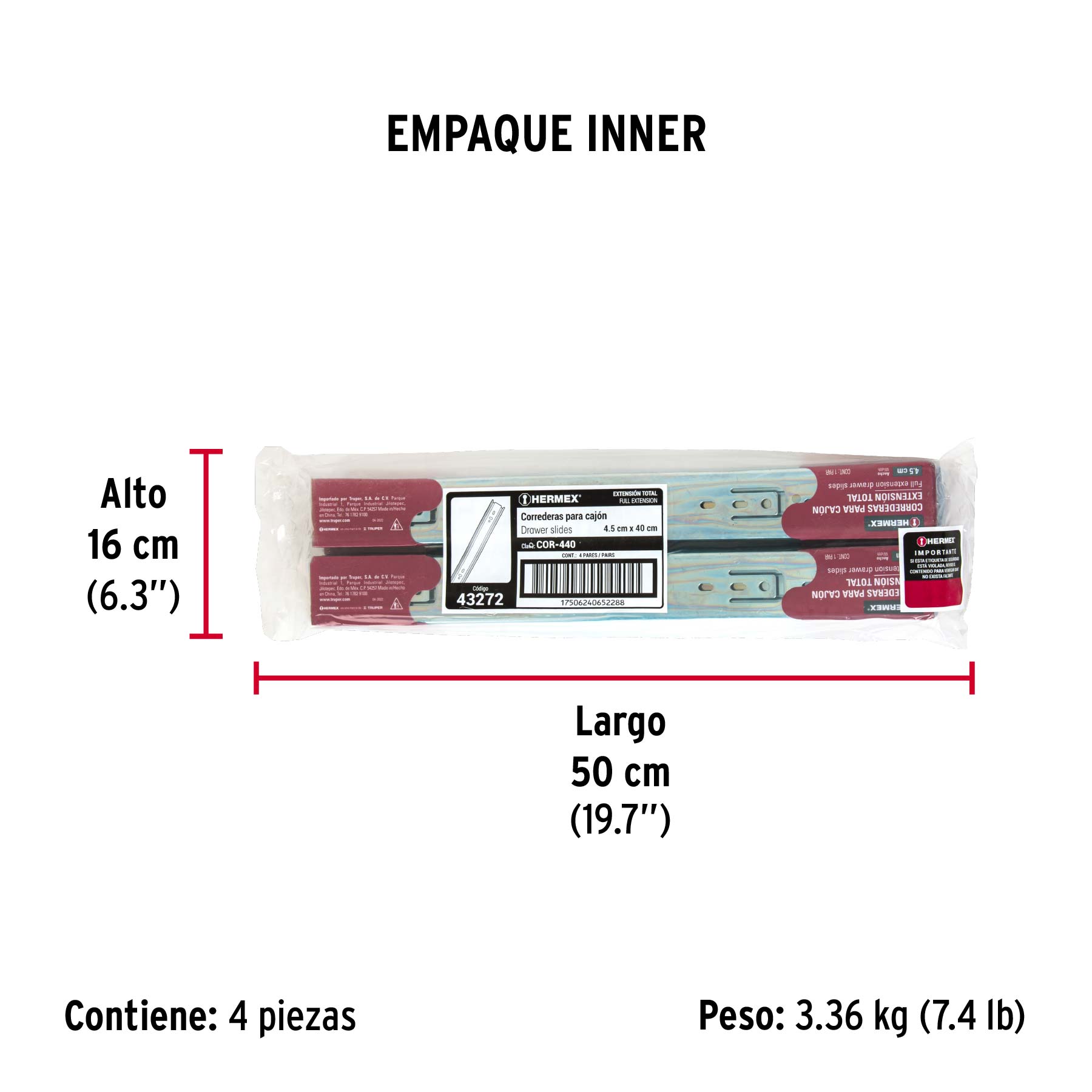 Bolsa con 2 correderas extensión 40 cm p/cajón, ancho 4.5 cm - Empaque
