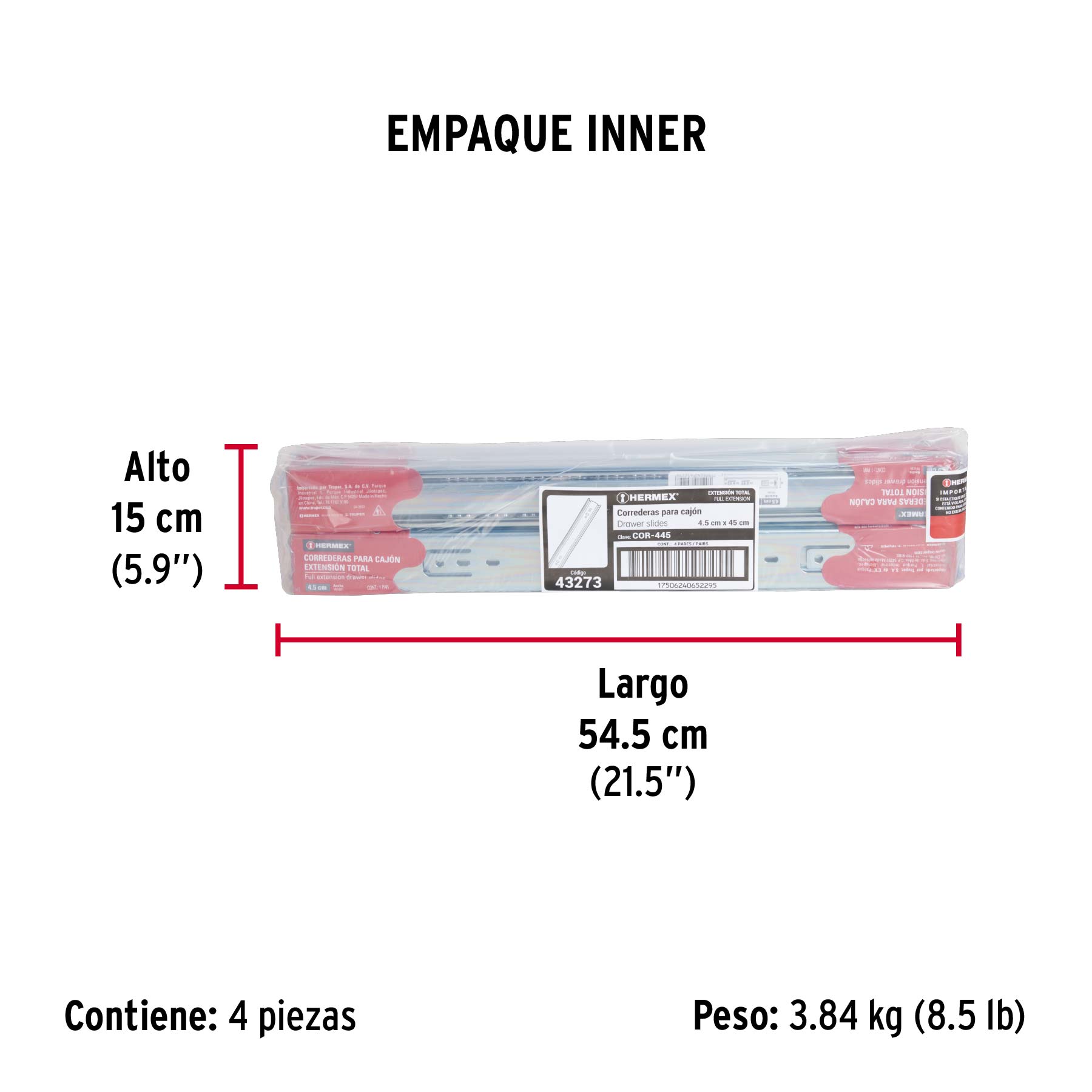 Bolsa con 2 correderas extensión 45 cm p/cajón, ancho 4.5 cm - Empaque