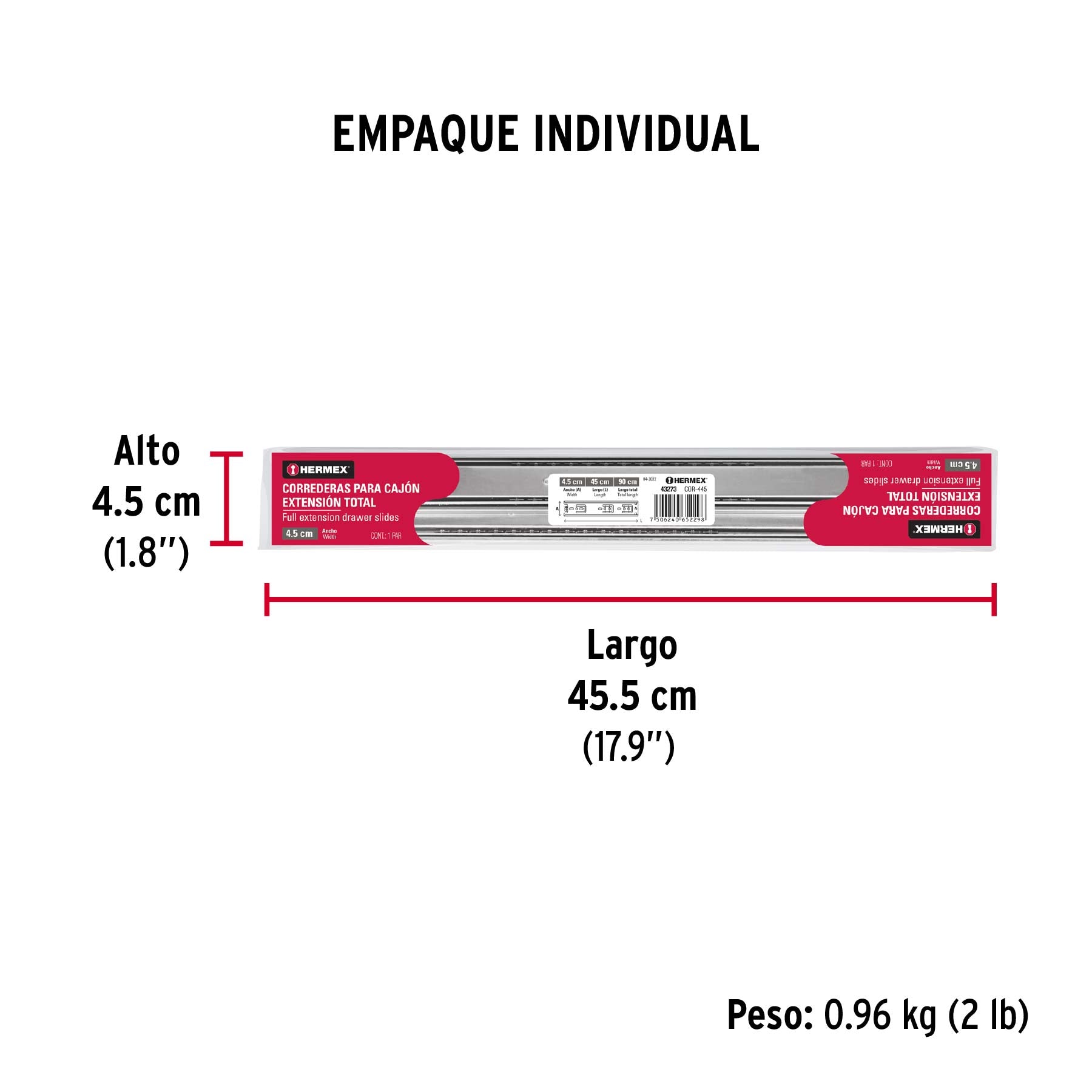 Bolsa con 2 correderas extensión 45 cm p/cajón, ancho 4.5 cm - Empaque
