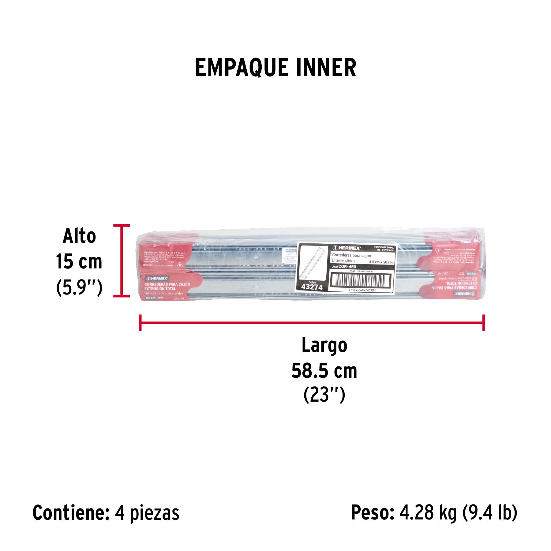 Bolsa con 2 correderas extensión 50 cm p/cajón, ancho 4.5 cm - Empaque