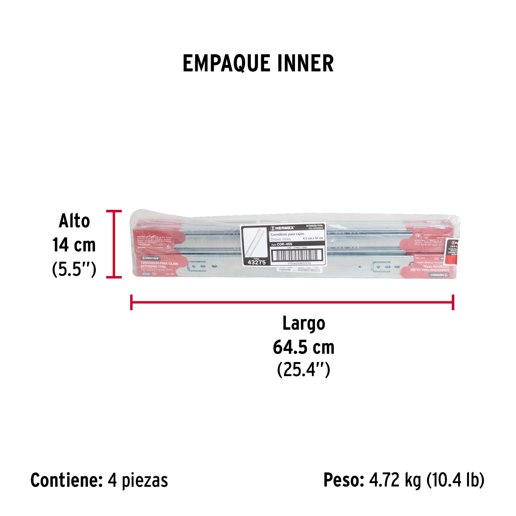 Bolsa con 2 correderas extensión 55 cm p/cajón, ancho 4.5 cm - Empaque