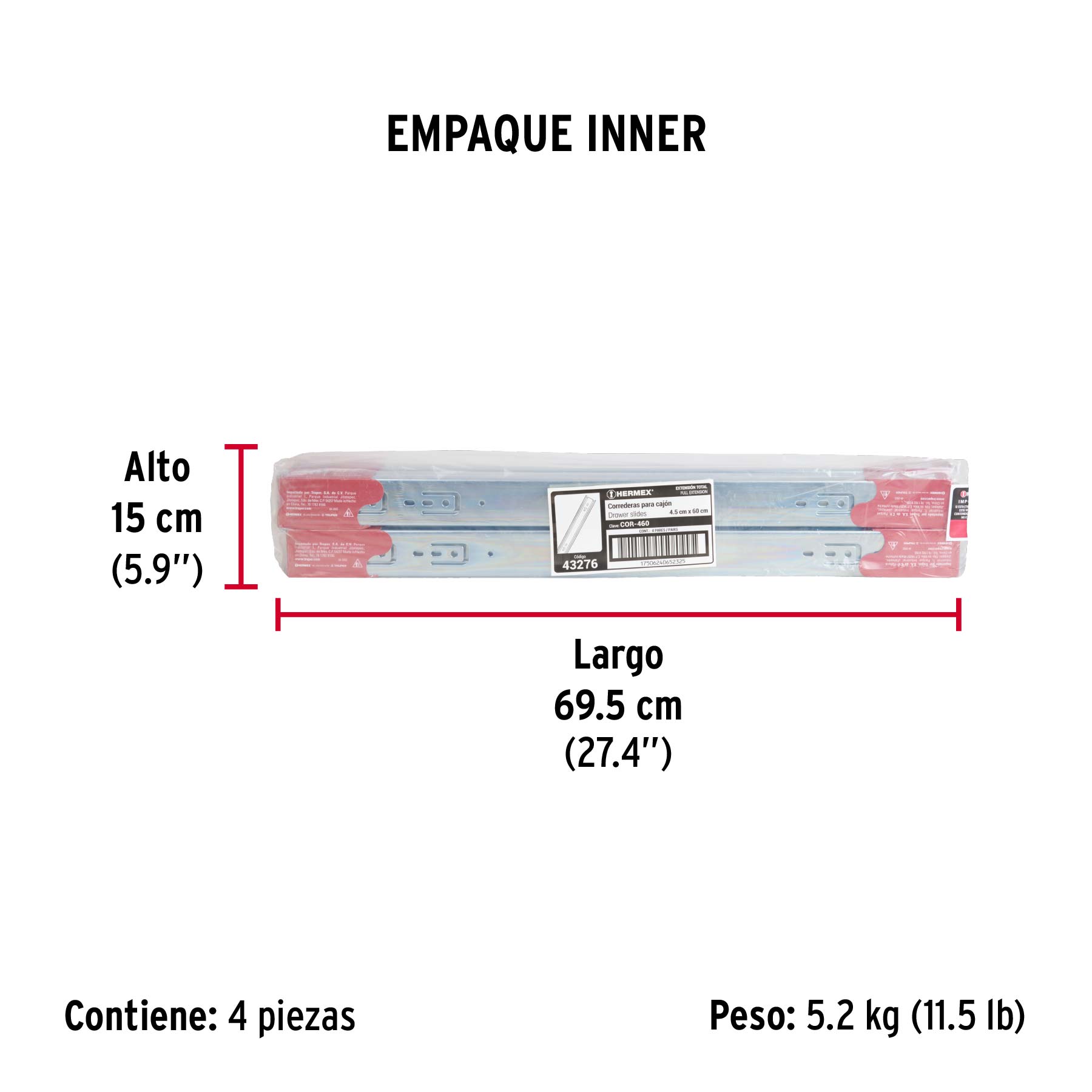 Bolsa con 2 correderas extensión 60 cm p/cajón, ancho 4.5 cm - Empaque
