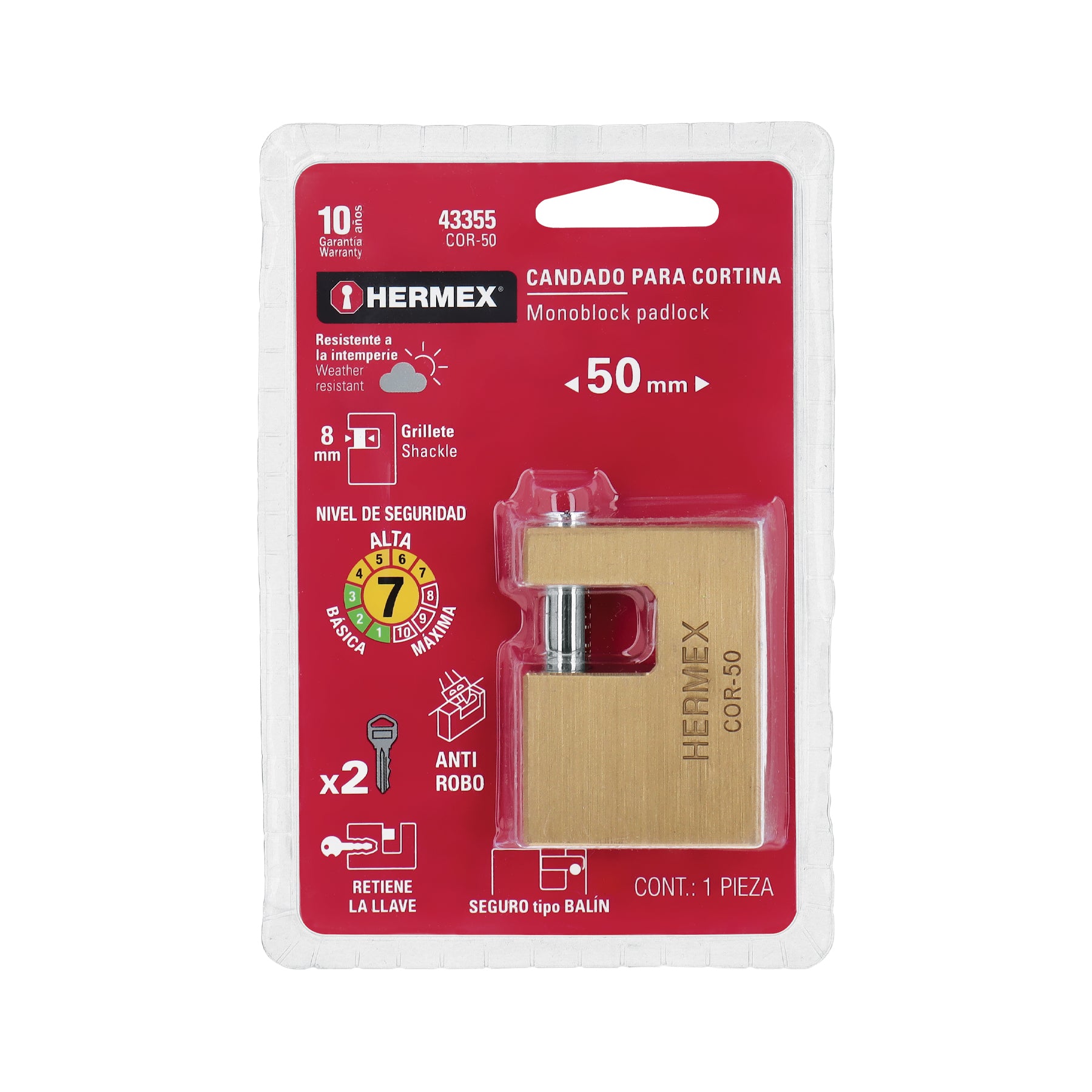 Candado antipalanca, 50mm, cuerpo de latón llave tradicional