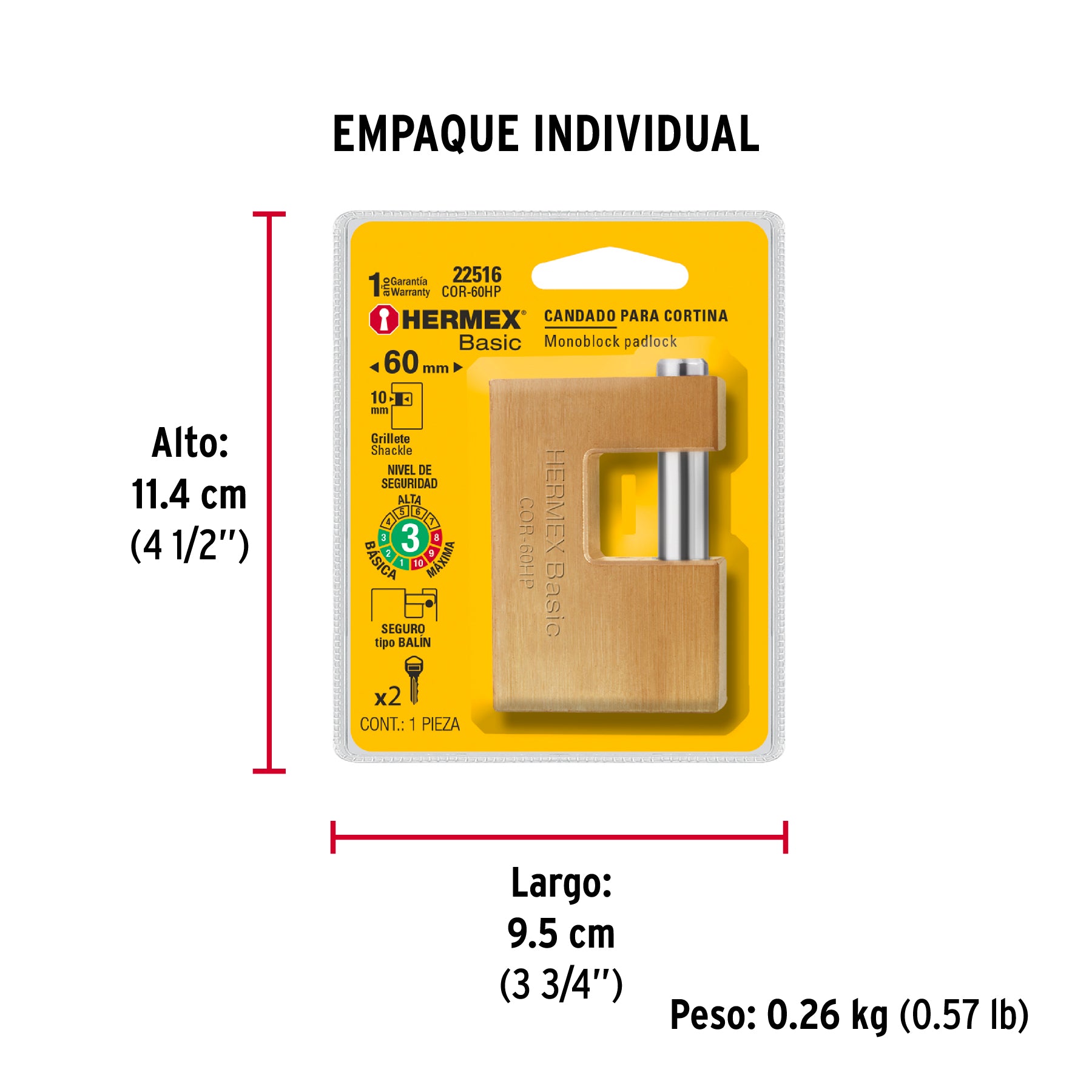Candado antipalanca 60 mm cuerpo de hierro, HERMEX BASIC - Empaque