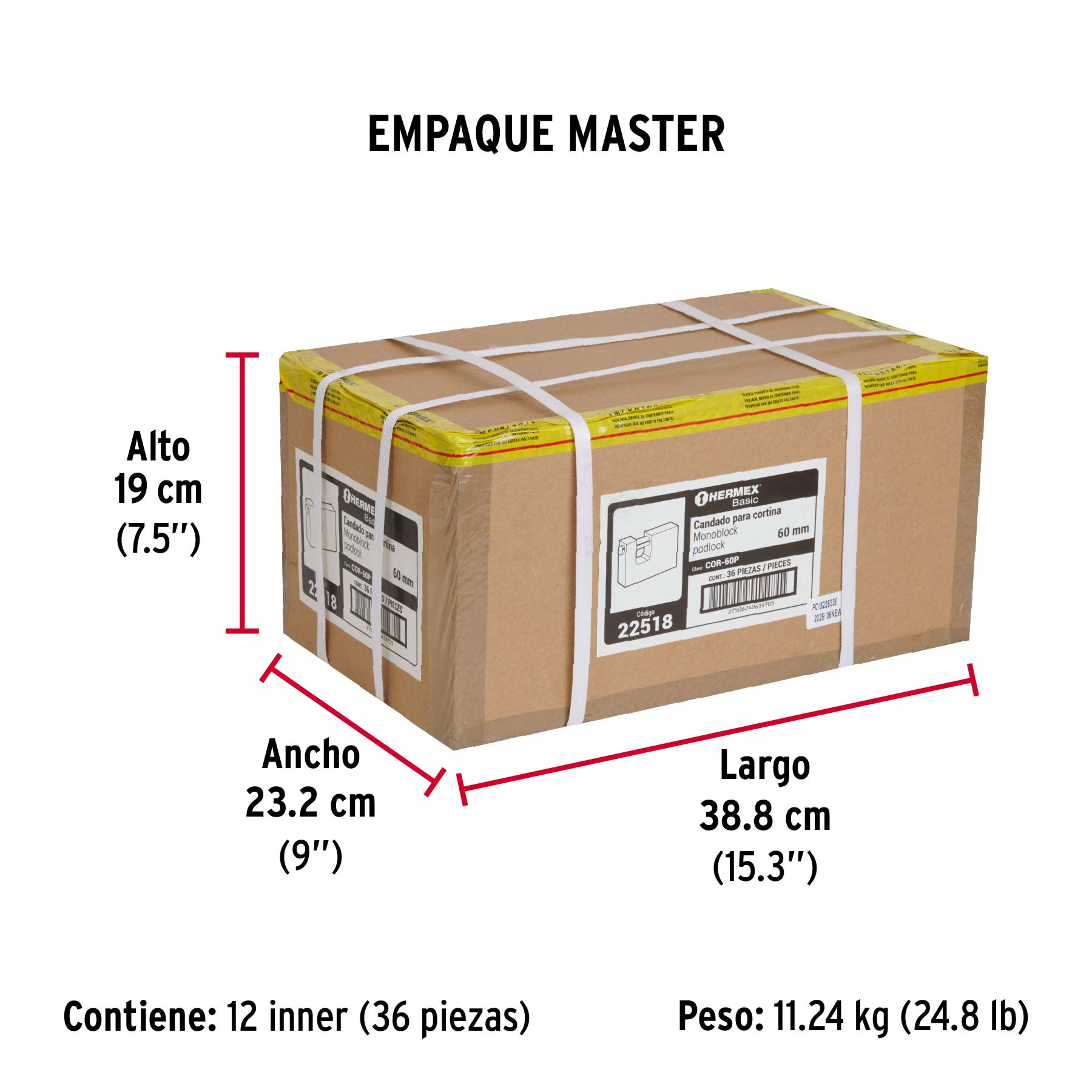 Candado antipalanca 60 mm cuerpo de latón, HERMEX BASIC - Empaque