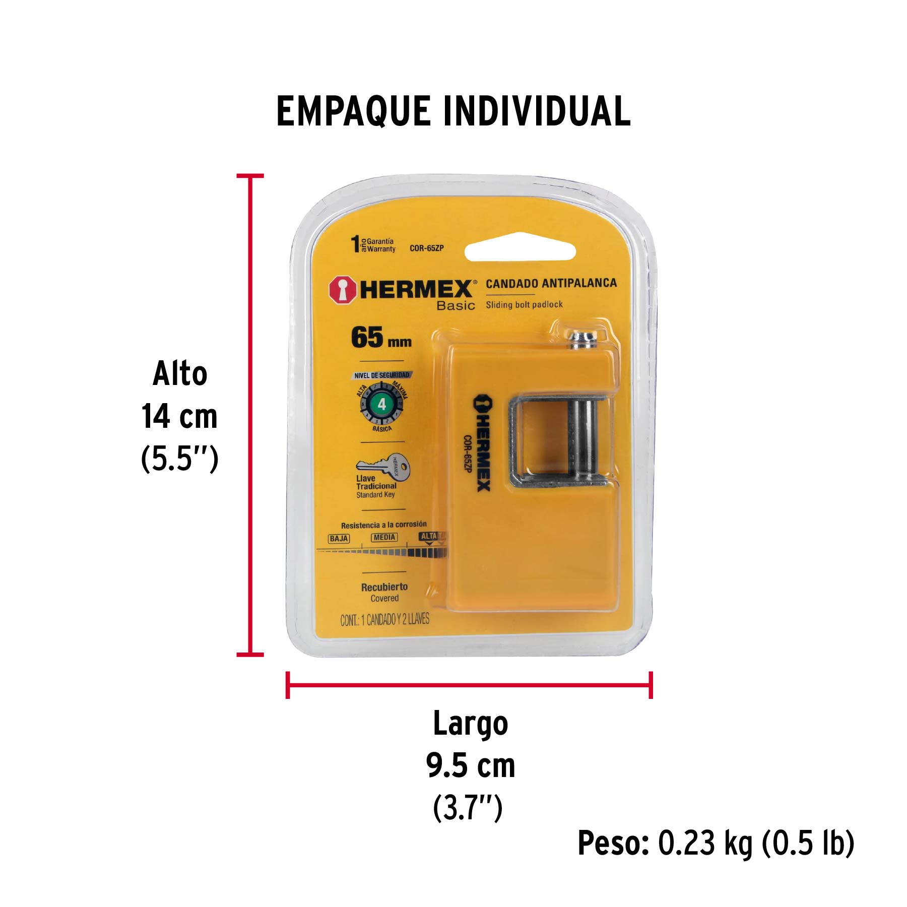 Candado antipalanca 65 mm cuerpo metálico, HERMEX BASIC - Empaque