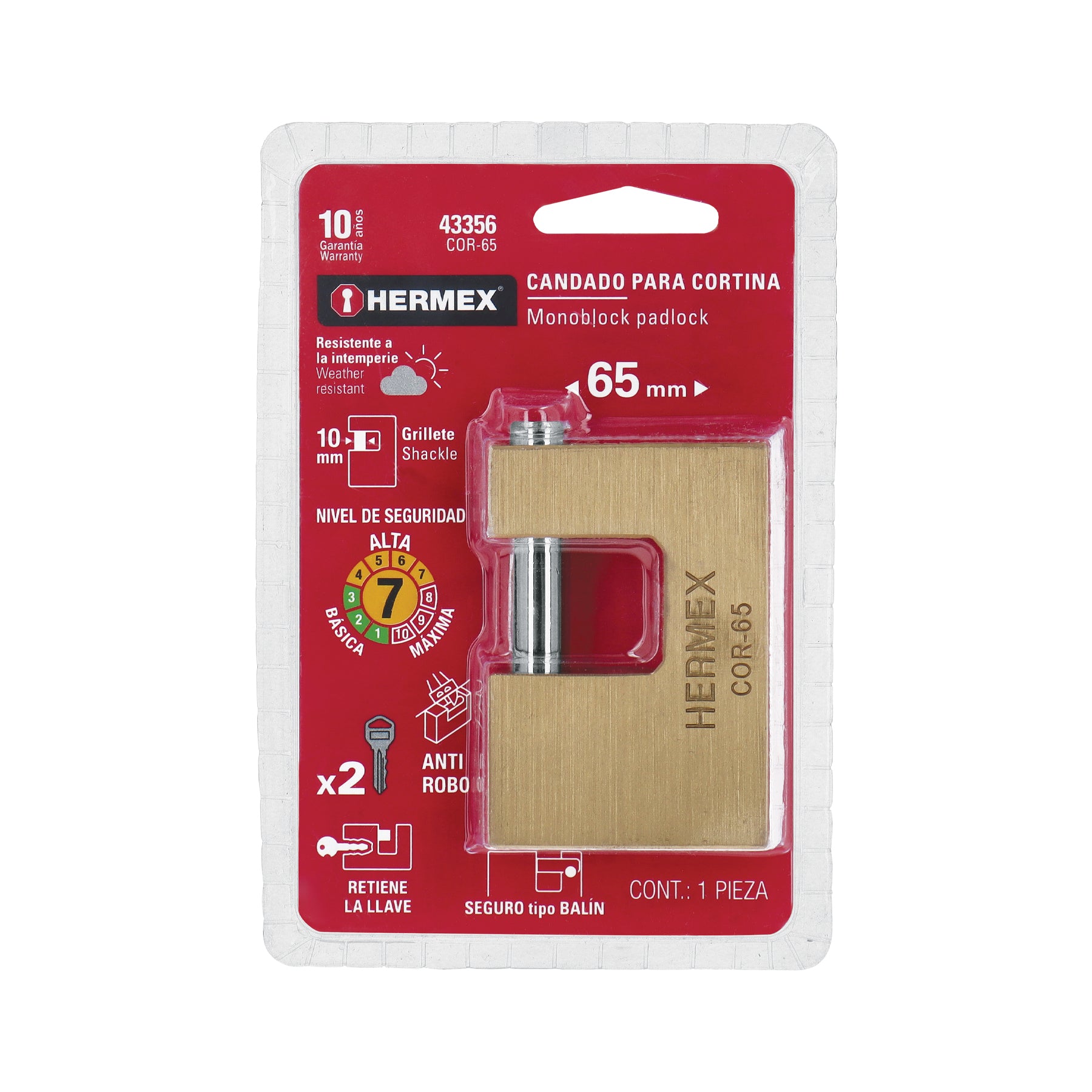Candado antipalanca, 65mm, cuerpo de latón llave tradicional