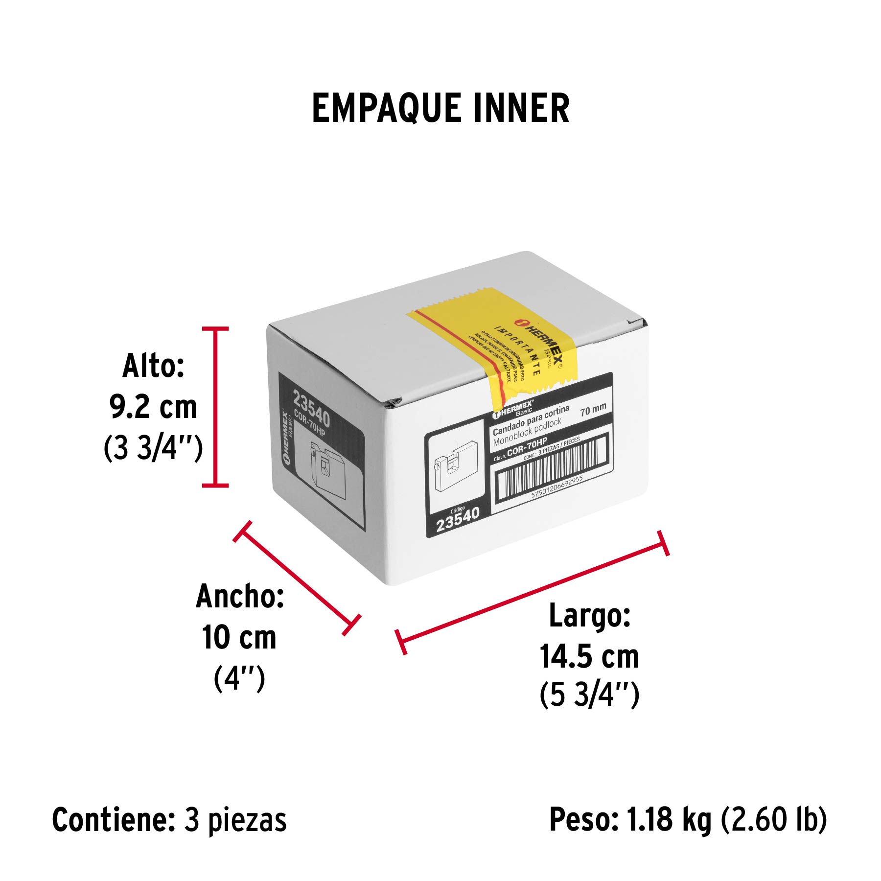 Candado antipalanca 70 mm cuerpo de hierro, HERMEX BASIC - Empaque