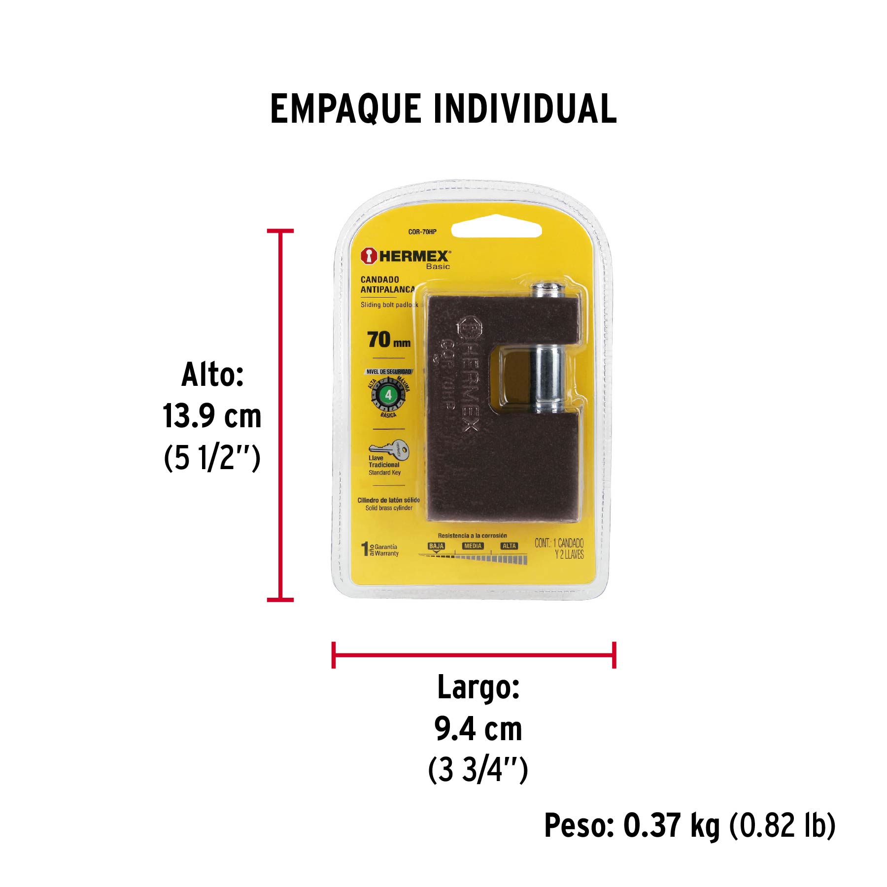 Candado antipalanca 70 mm cuerpo de hierro, HERMEX BASIC - Empaque