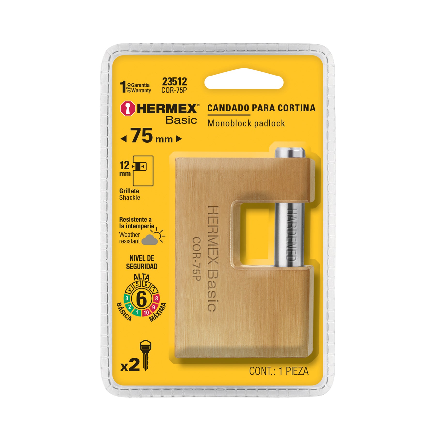 Candado antipalanca 75 mm cuerpo de latón, HERMEX BASIC