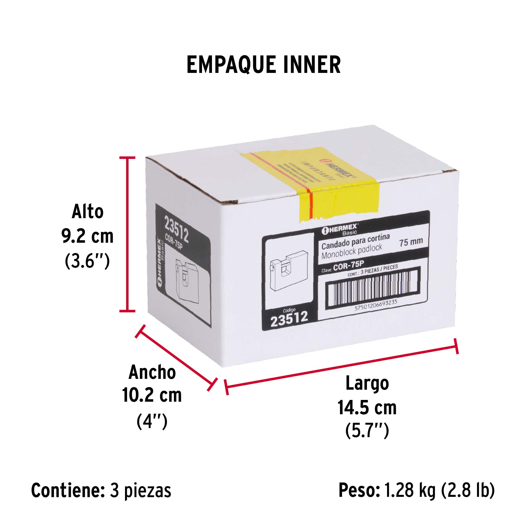 Candado antipalanca 75 mm cuerpo de latón, HERMEX BASIC - Empaque