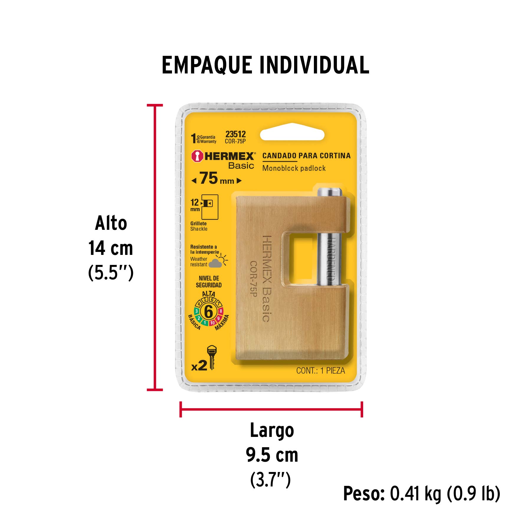 Candado antipalanca 75 mm cuerpo de latón, HERMEX BASIC - Empaque