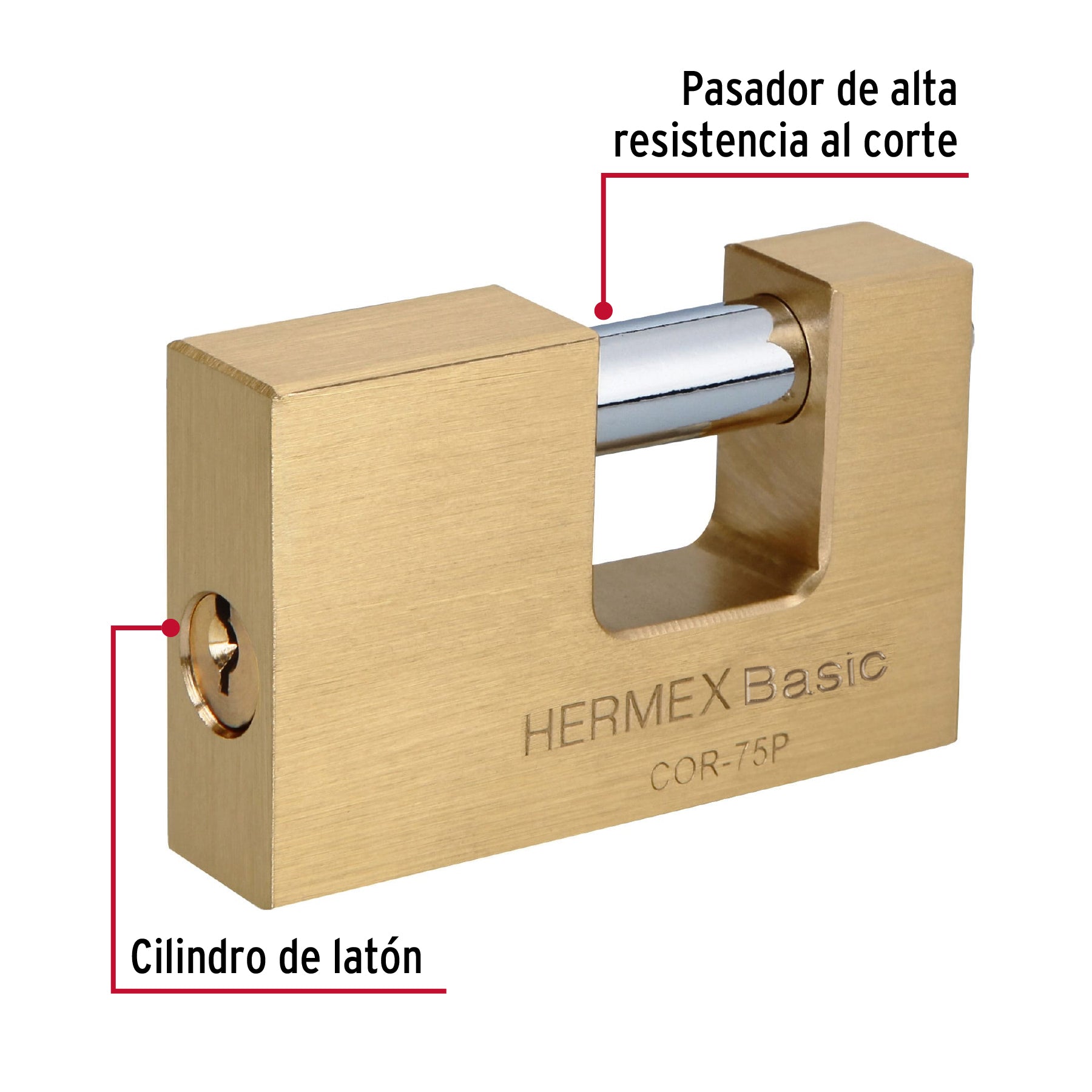 Candado antipalanca 75 mm cuerpo de latón, HERMEX BASIC