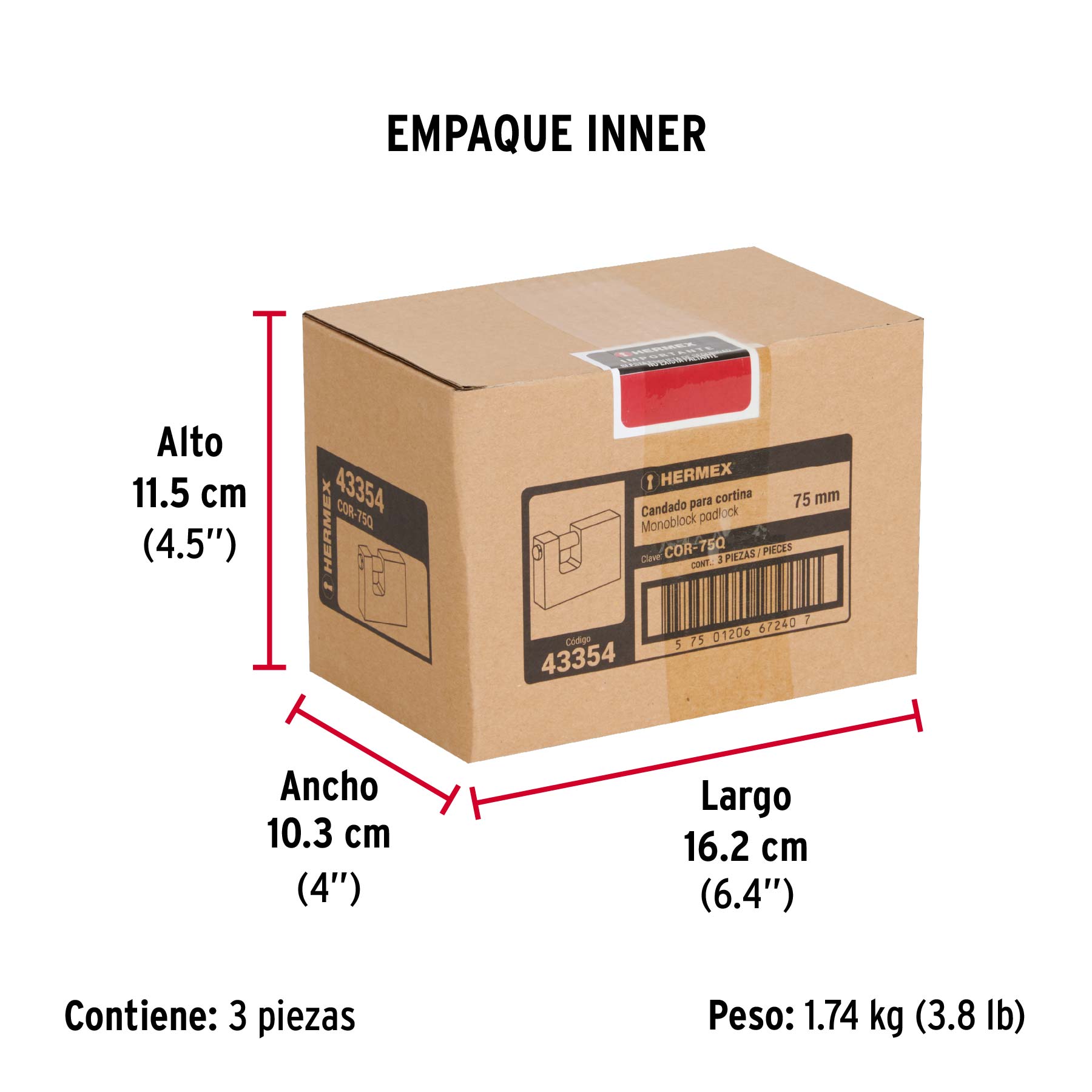Candado antipalanca, 75mm, cuerpo de latón, llave puntos - Empaque