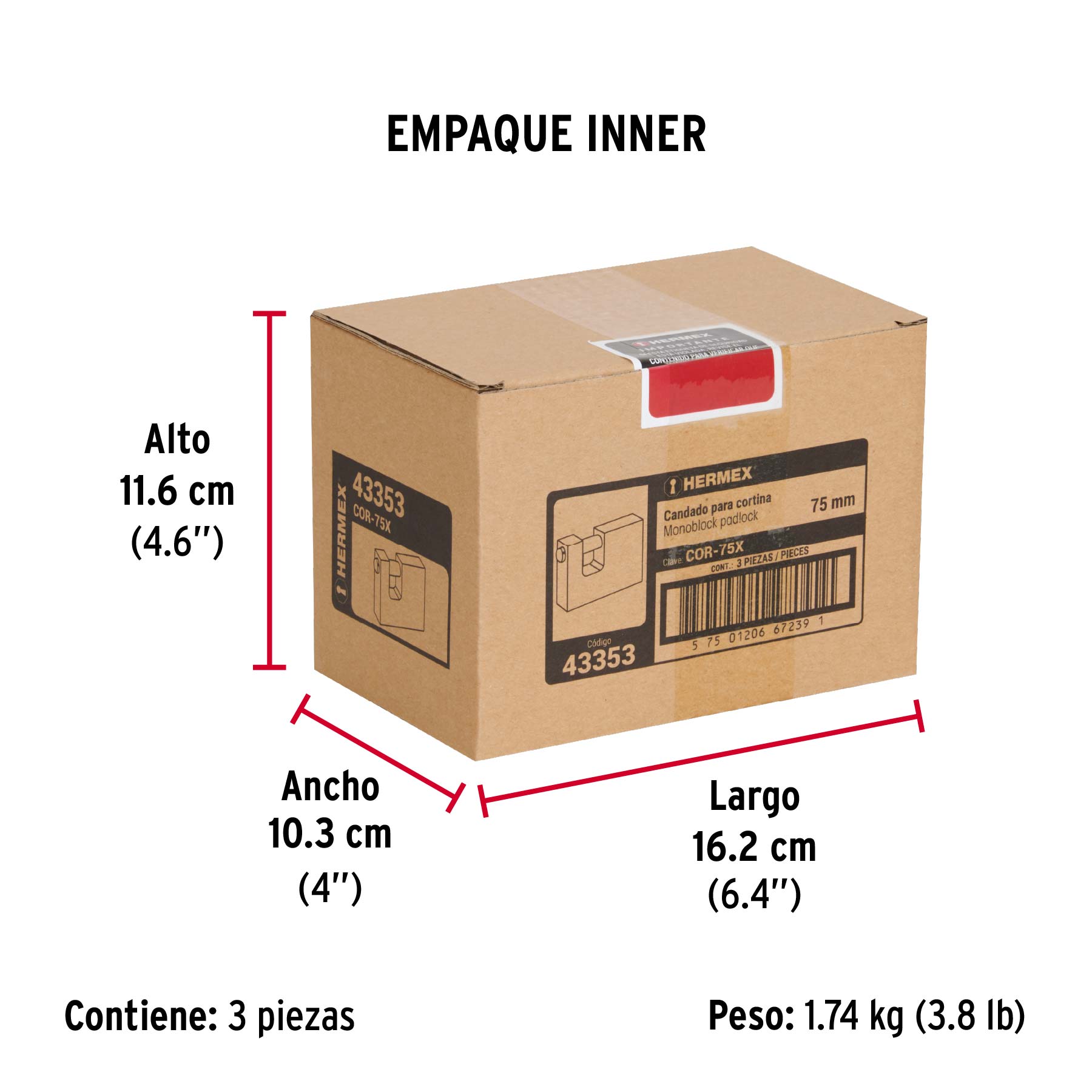 Candado antipalanca, 75mm, cuerpo de latón, llave tetra - Empaque