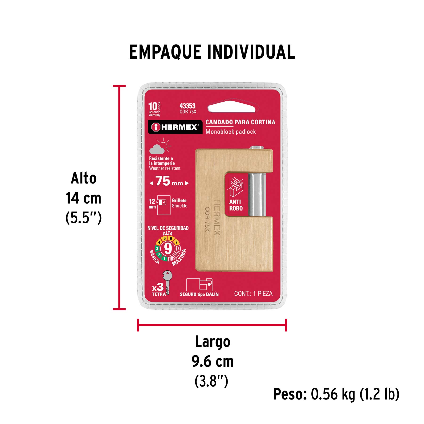 Candado antipalanca, 75mm, cuerpo de latón, llave tetra - Empaque