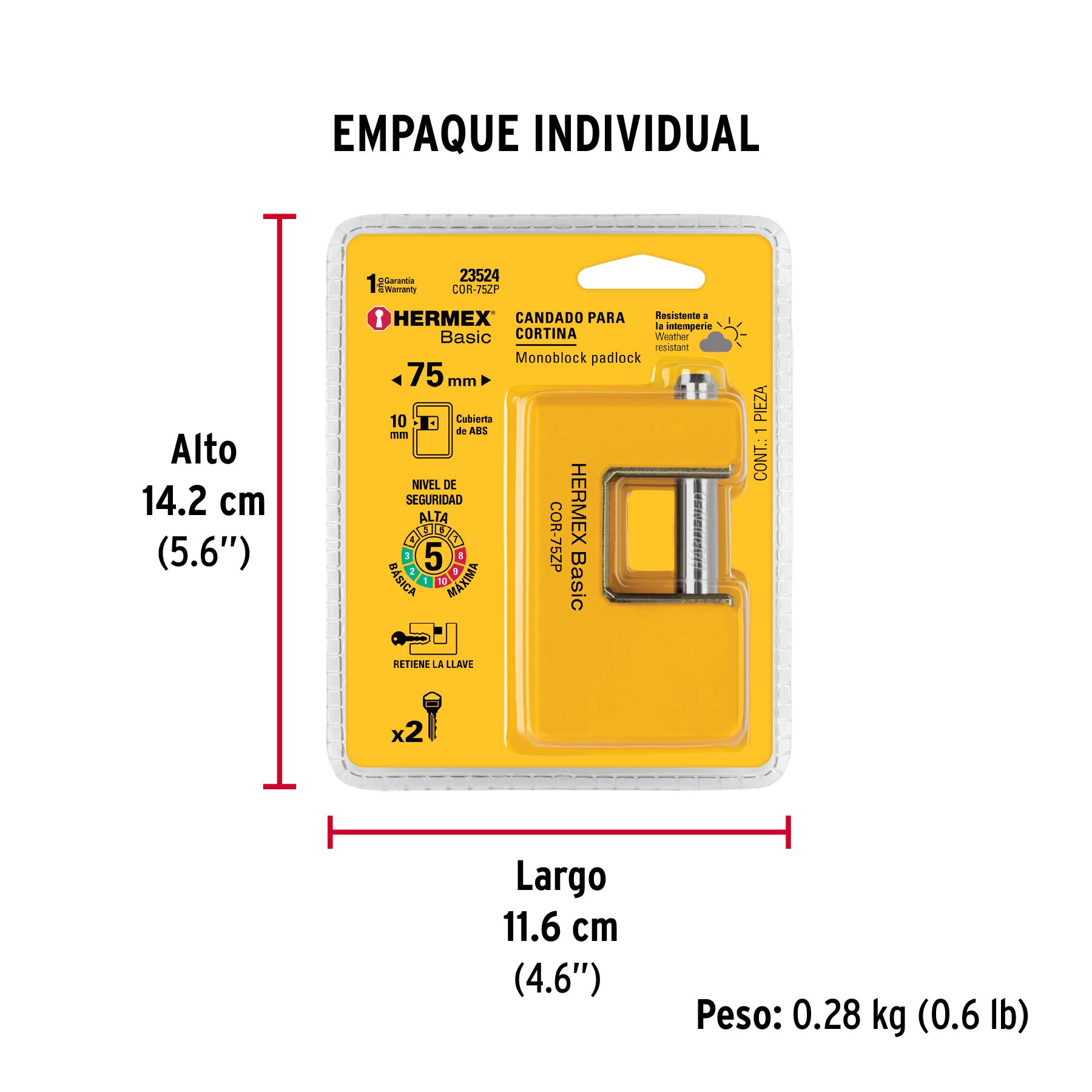 Candado antipalanca 75 mm cuerpo metálico, HERMEX BASIC - Empaque