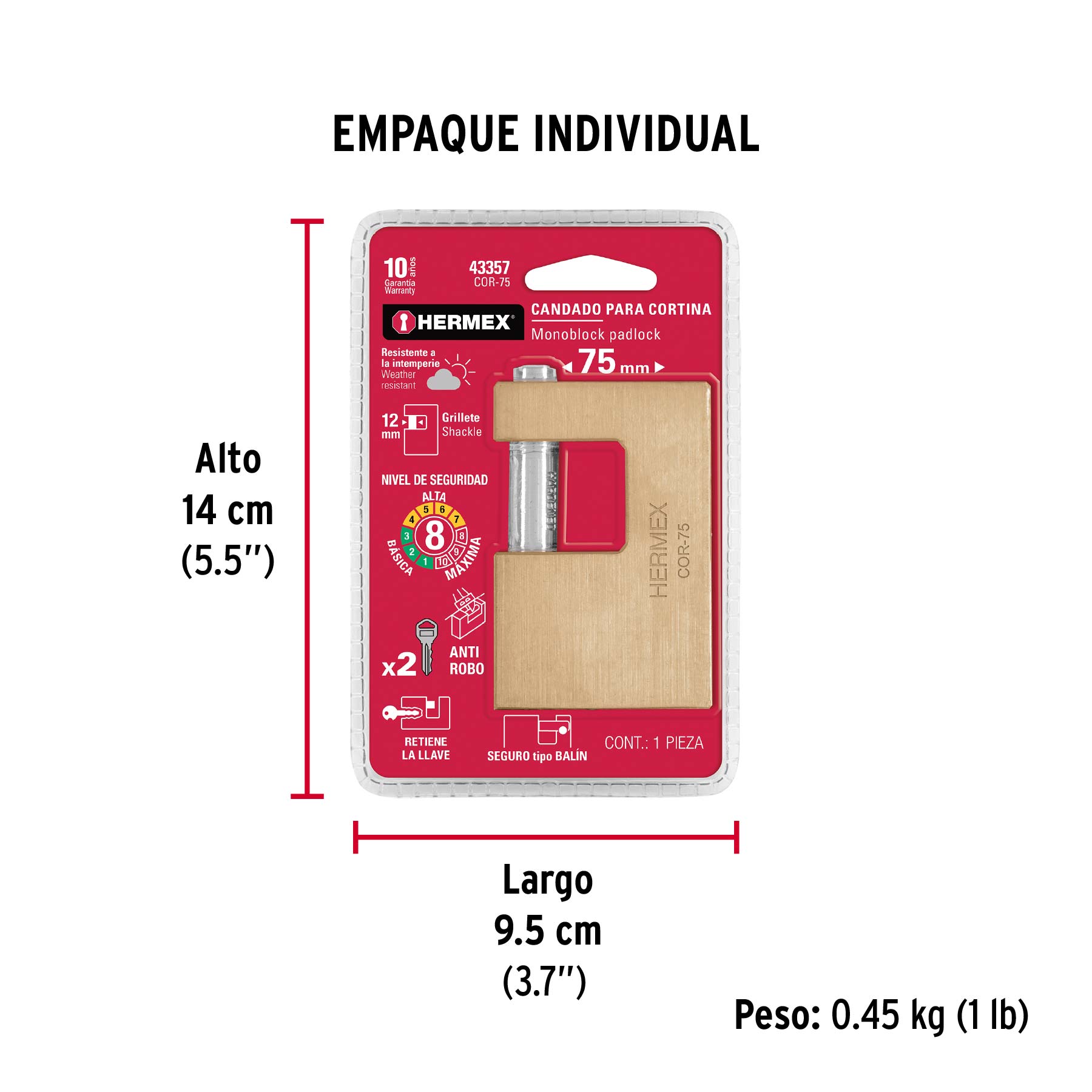 Candado antipalanca, 75mm, cuerpo de latón llave tradicional - Empaque