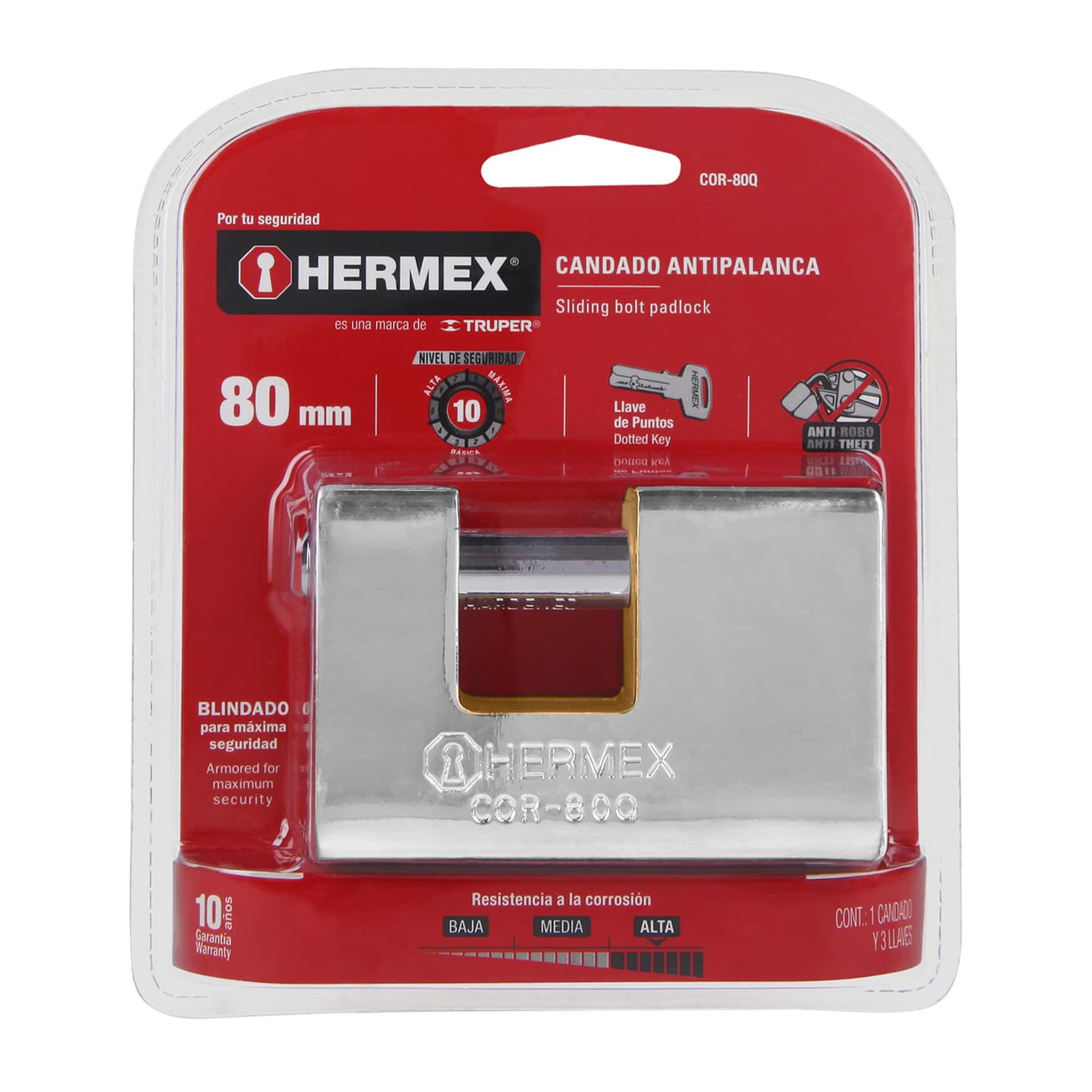 Candado antipalanca, 80mm, blindado, llave puntos, HERMEX