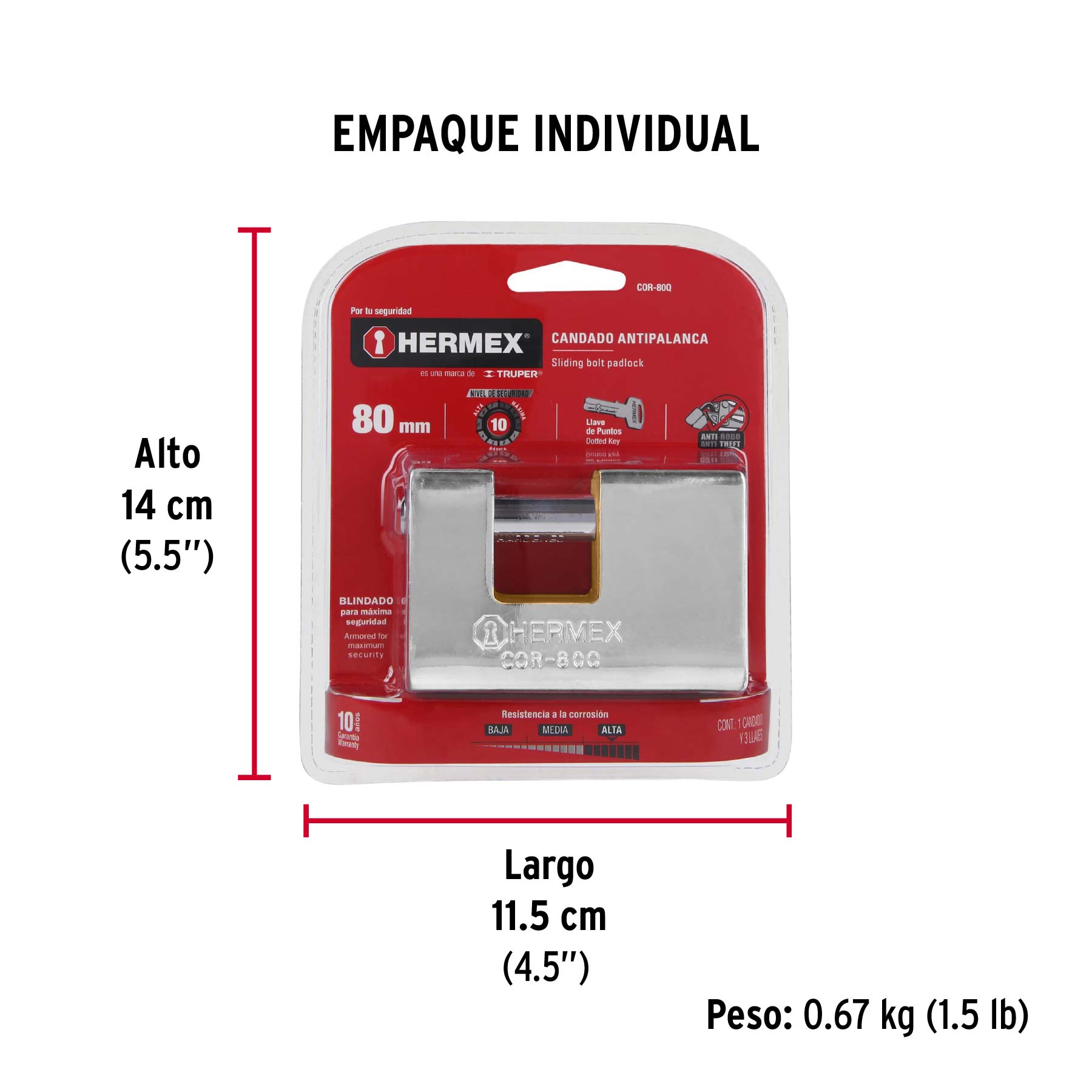 Candado antipalanca, 80mm, blindado, llave puntos, HERMEX - Empaque
