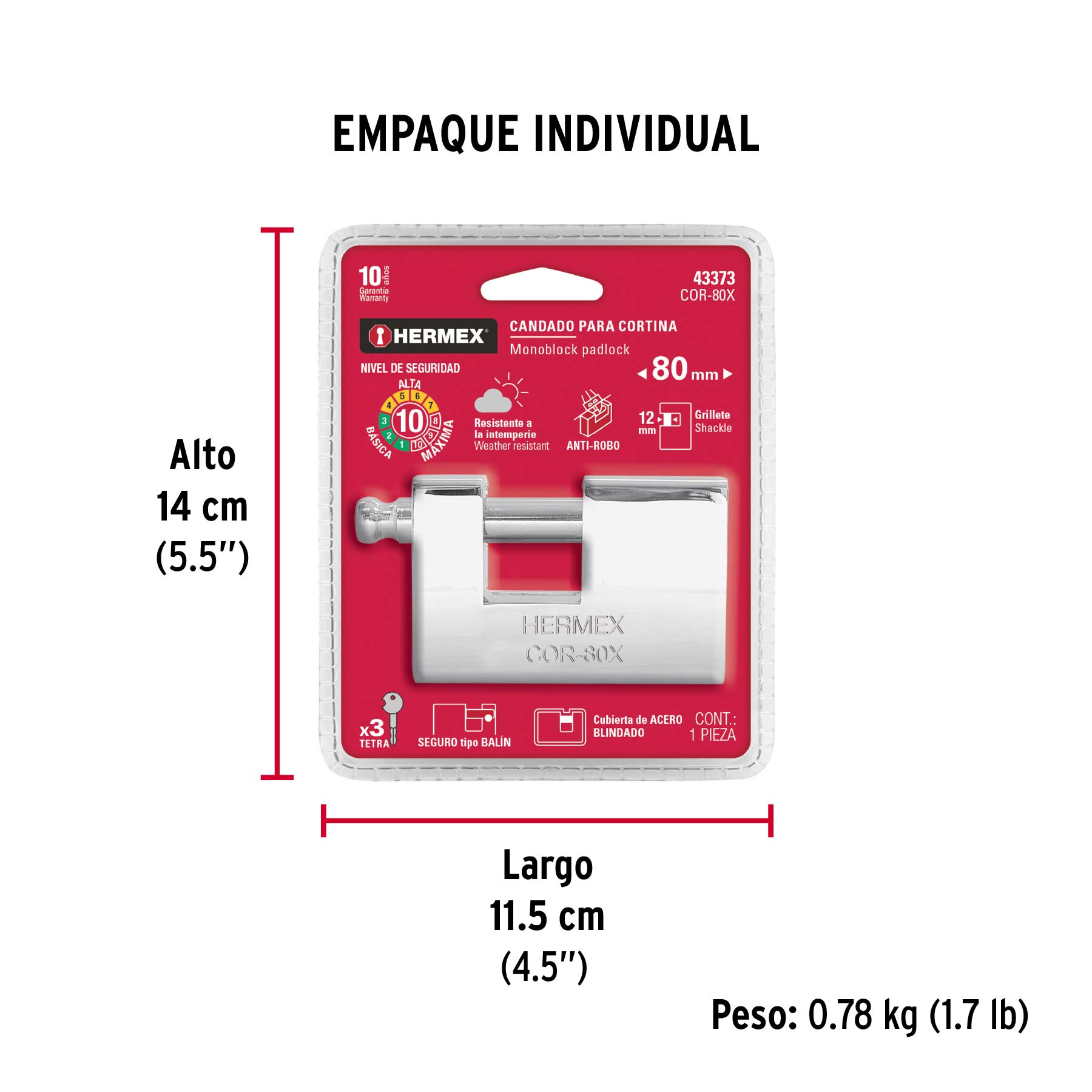 Candado antipalanca, 80mm, blindado, llave tetra, HERMEX - Empaque