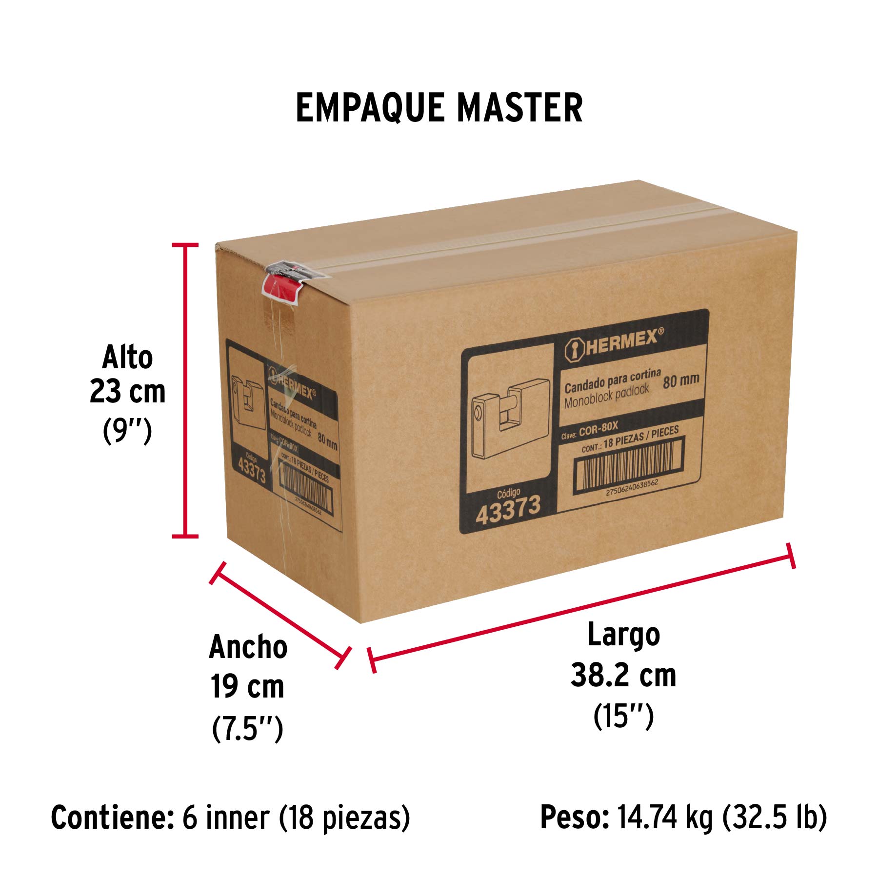 Candado antipalanca, 80mm, blindado, llave tetra, HERMEX - Empaque