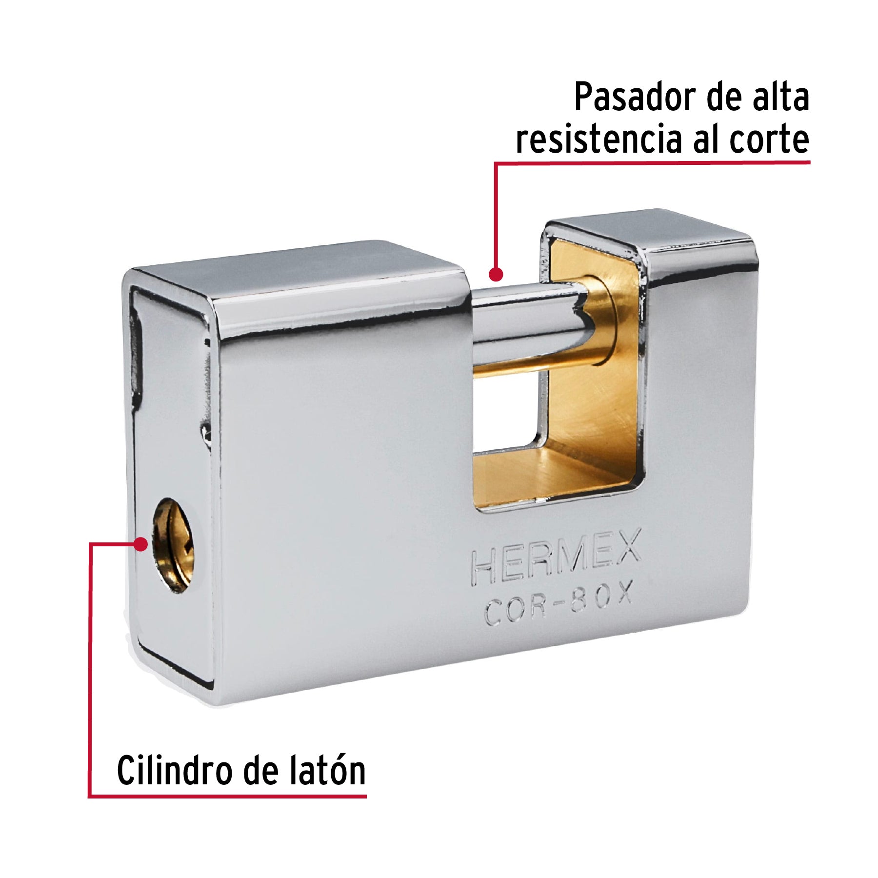 Candado antipalanca, 80mm, blindado, llave tetra, HERMEX