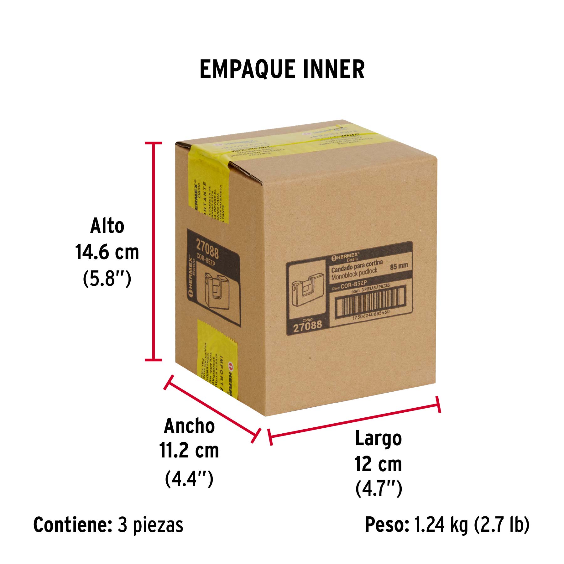 Candado antipalanca 85 mm cuerpo metálico, HERMEX BASIC - Empaque