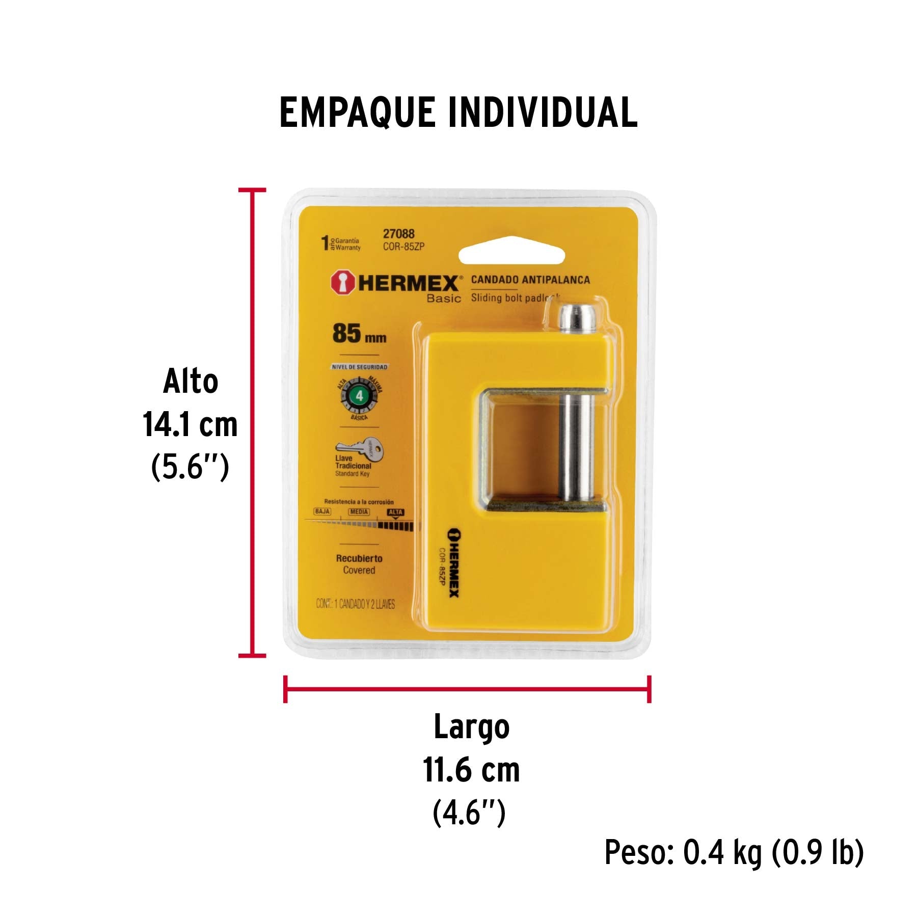 Candado antipalanca 85 mm cuerpo metálico, HERMEX BASIC - Empaque