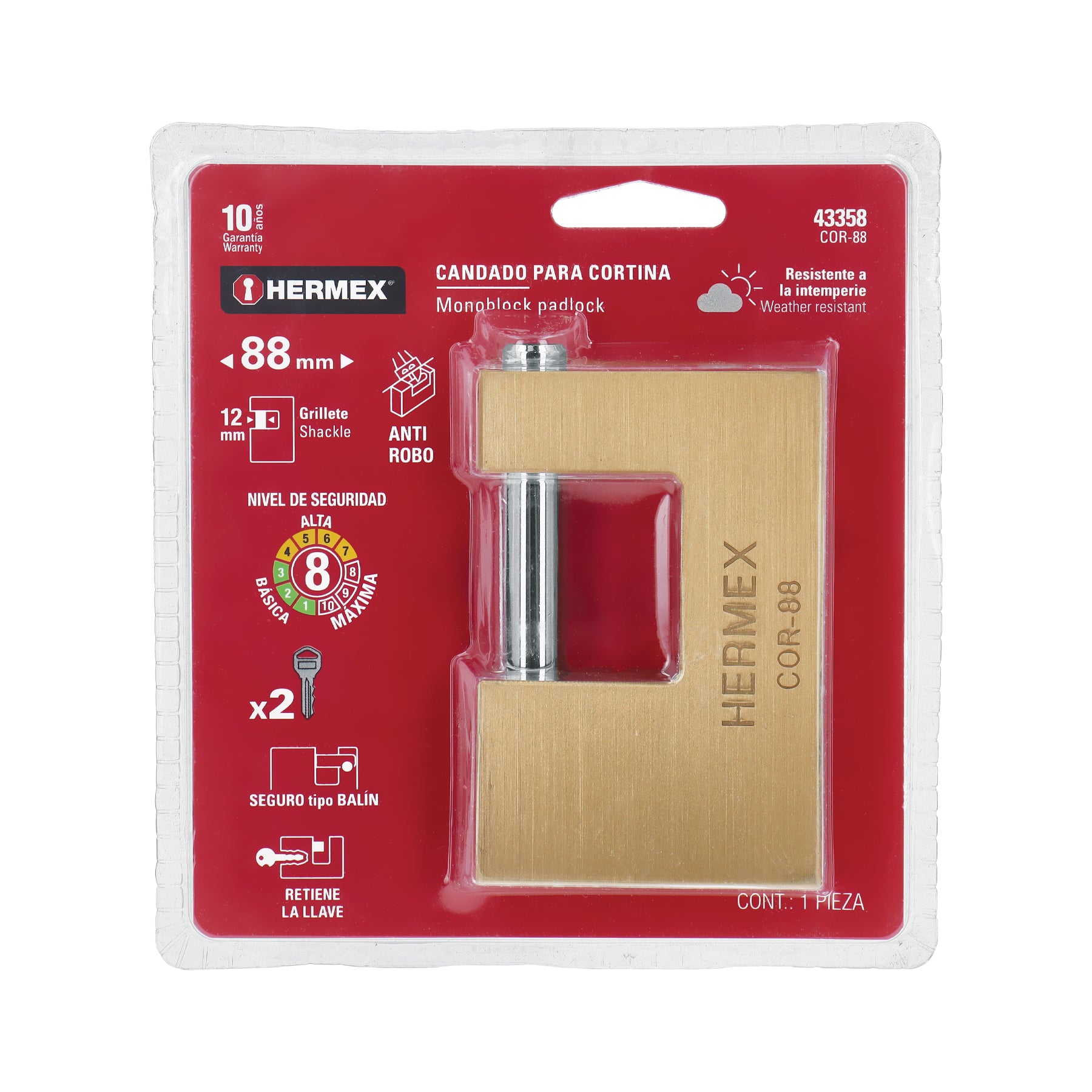 Candado antipalanca, 88mm, cuerpo de latón llave tradicional