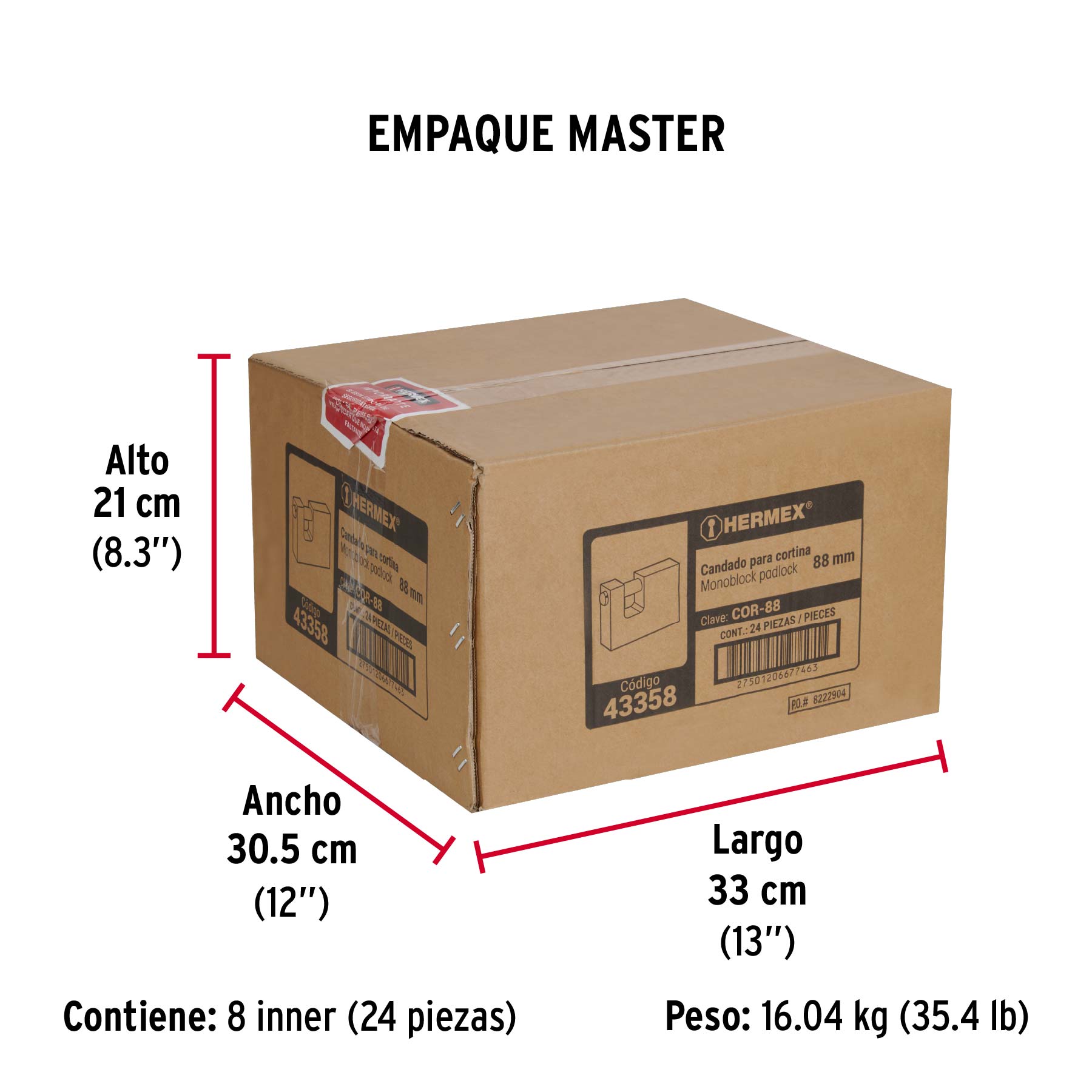 Candado antipalanca, 88mm, cuerpo de latón llave tradicional - Empaque